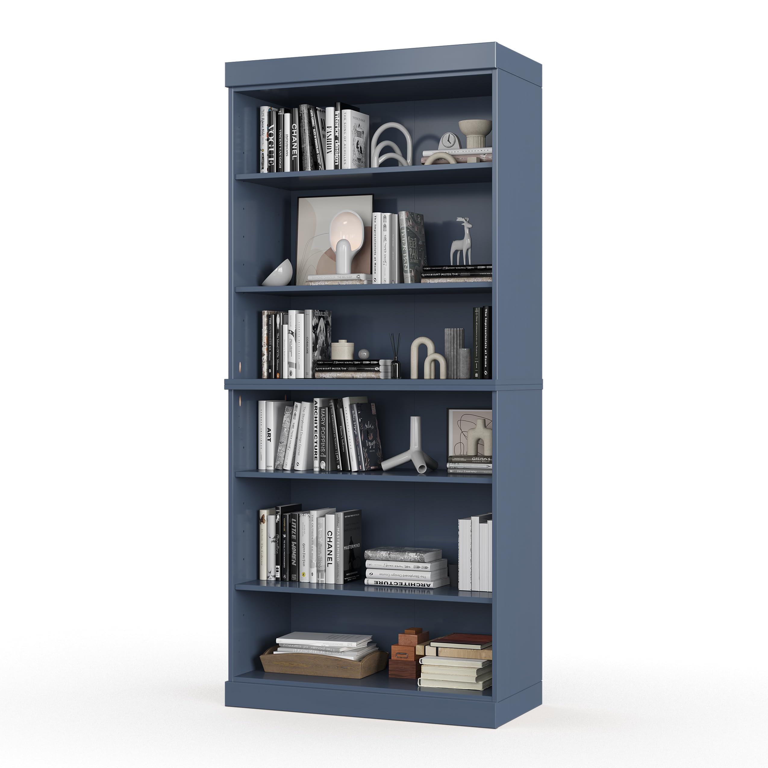 Solid Wood Bookcase - 6-Tier Bookshelf, 71.5" Tall, 32” W - Antique Blue, Stackable Modular, Open Storage Display for Living Room, Office, 100% Eco-Friendly Solid Wood, Made in Brazil