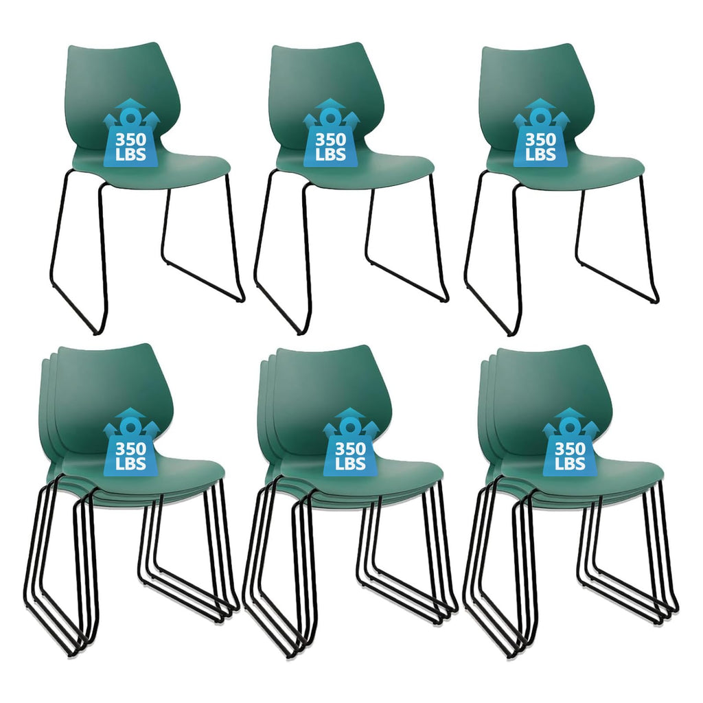 Set of 12, Stackable Waiting Room Chair, Stacking Office Chair with Ergonomic Lumbar Support and Metal Legs, Plastic Desk Chairs for Conference School Church Guest Reception, Green