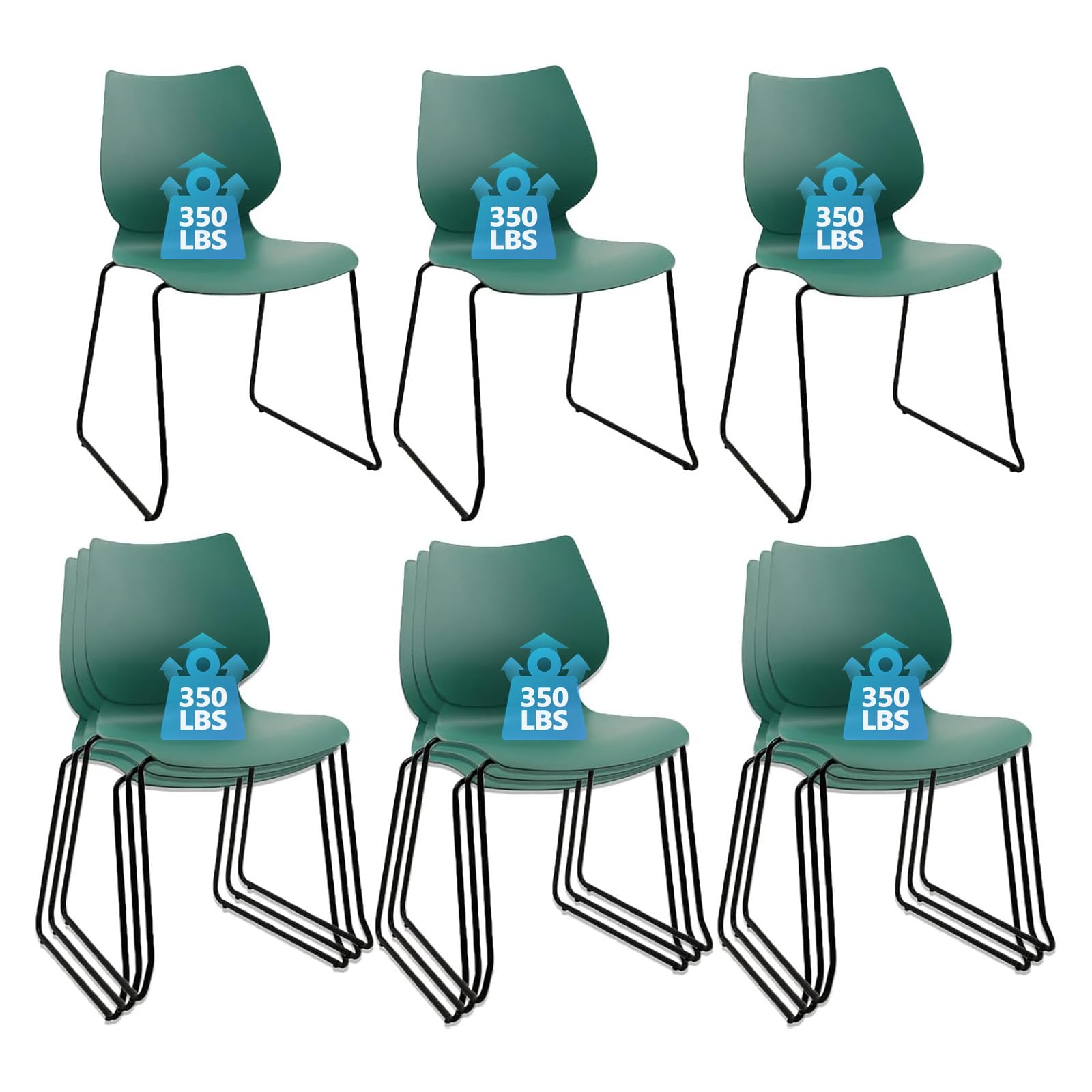 Set of 12, Stackable Waiting Room Chair, Stacking Office Chair with Ergonomic Lumbar Support and Metal Legs, Plastic Desk Chairs for Conference School Church Guest Reception, Green