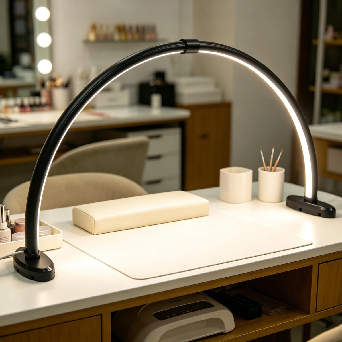 Half Moon Light for Nail Desk,23 Inch Detachable Foldable LED Nail Desk Lamp,3 Modes Color Temperature,0%-100% Stepless Dimming,180°Shadowless Lighting for Nail Art,Eyelash, Makeup,Tattoo(Black)