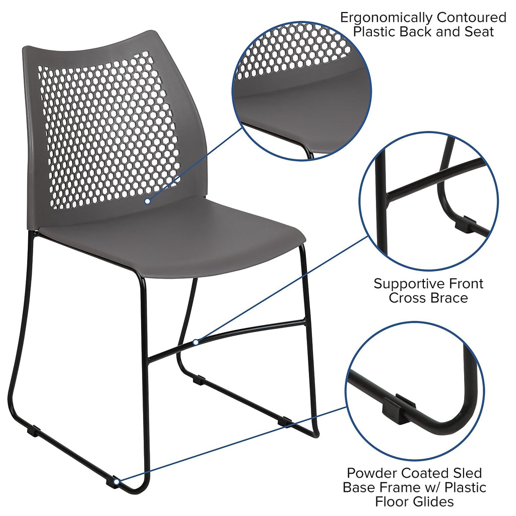 HERCULES Series 661 lb. Capacity Gray Stack Chair with Air-Vent Back and Black Powder Coated Sled Base