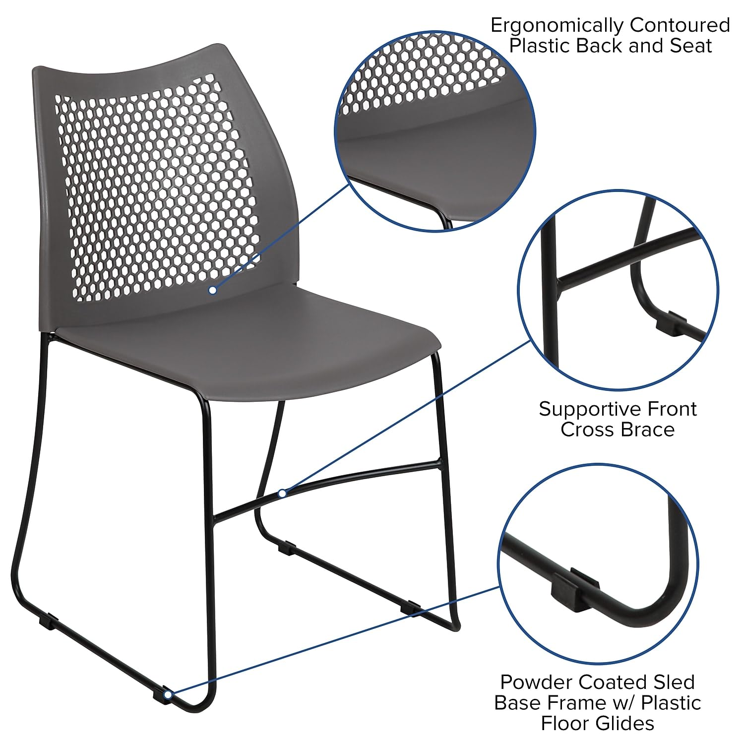 HERCULES Series 661 lb. Capacity Gray Stack Chair with Air-Vent Back and Black Powder Coated Sled Base