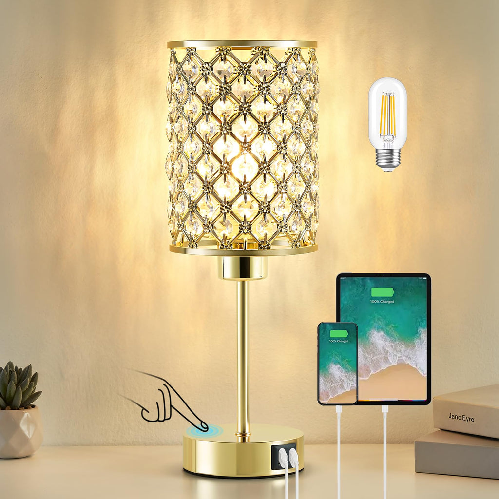 Crystal Table Lamp, Gold Touch Lamp with USB C+A Port, 3-Way Dimmable