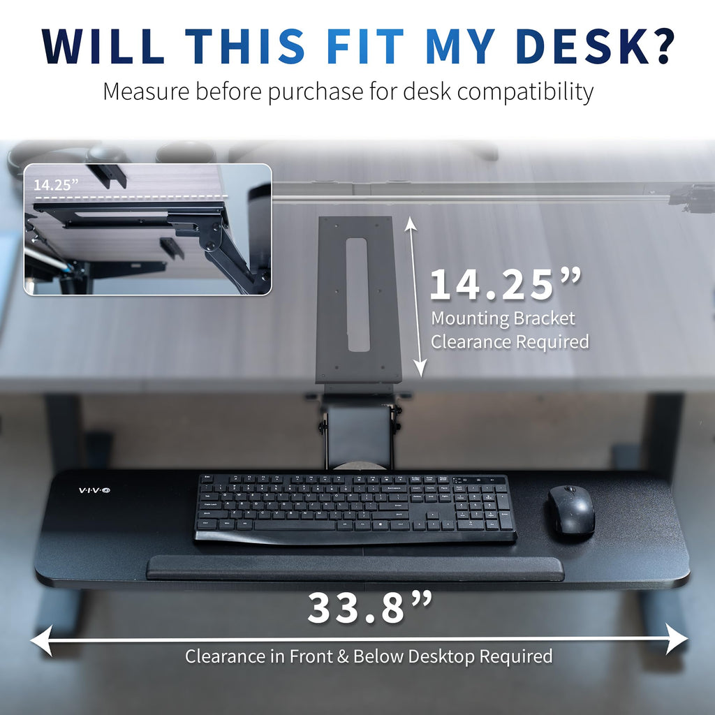 Adjustable Computer Keyboard and Mouse Platform Tray, 34 x 10 inch Ergonomic Under Table Desk Mount Drawer Underdesk Shelf, Black,