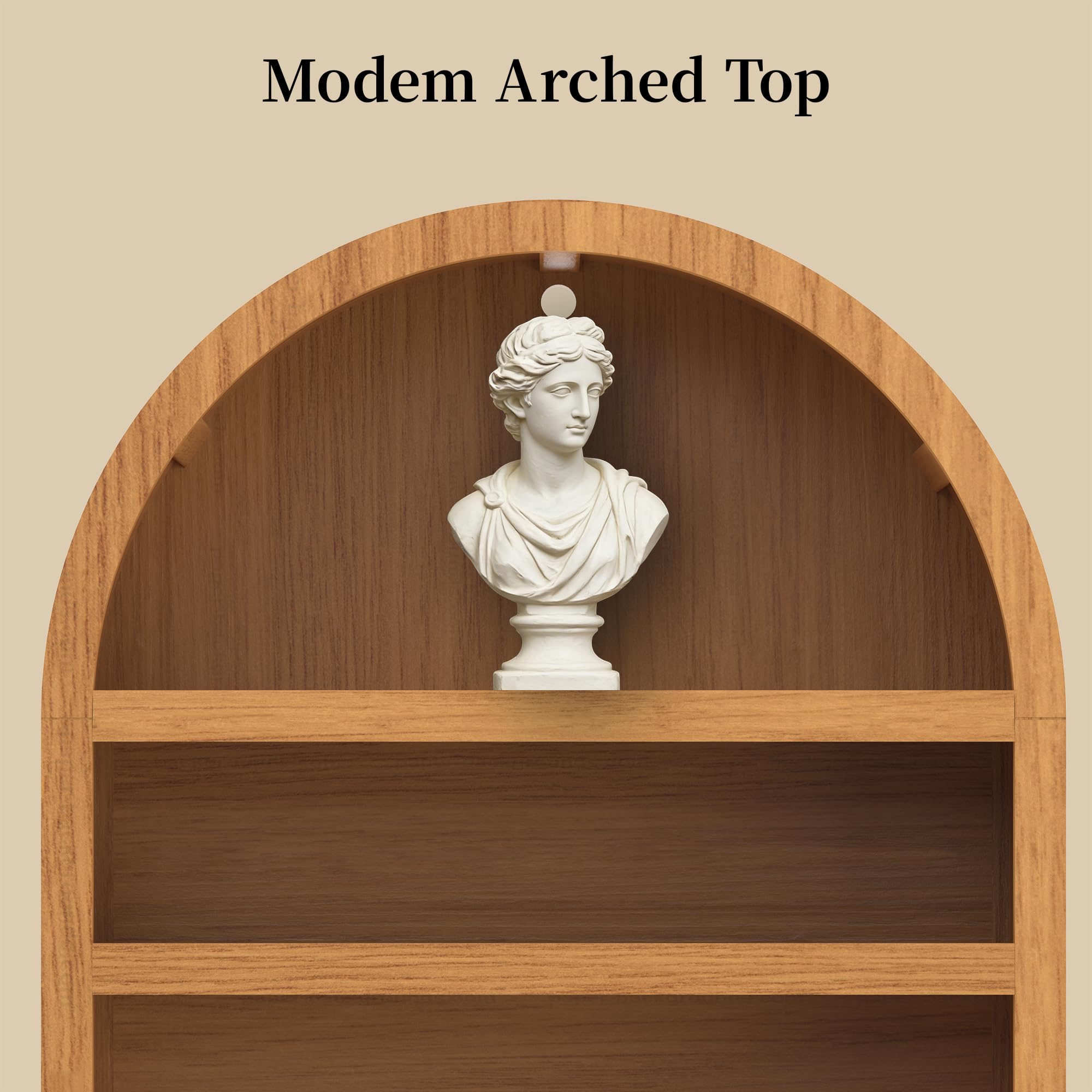Book Shelf 70" Tall Bookcase with Drawer, 7-Tier Arched Cabinet with Storage and Fluted Door, Mid-Century Modern Modular Arch Bookshelf for Office Living Room Bedroom Library (Oak, 3)