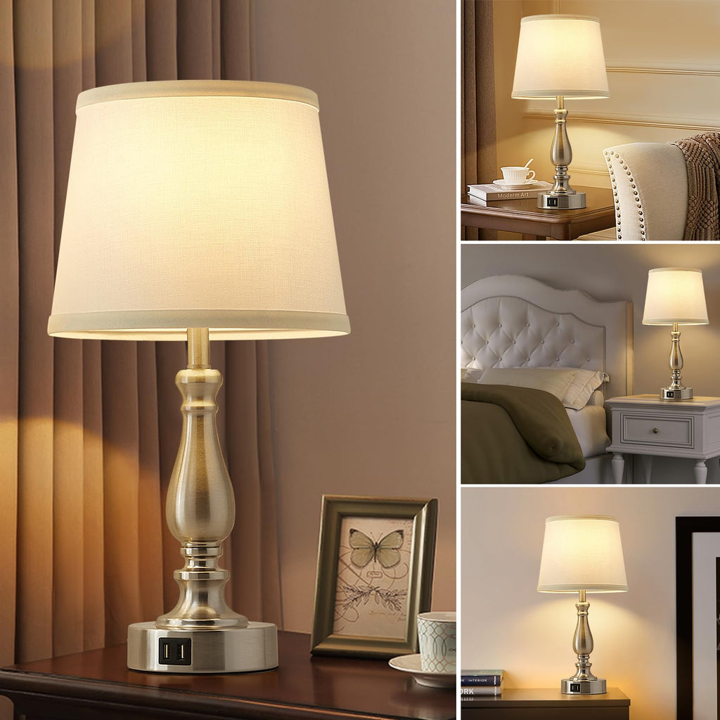 Table Lamps for Bedrooms Set of 2 - Touch Bedside Lamps with USB C+A Ports,Dimmable White Nightstand Lamps for End Tables, Farmhouse Night Stand Lamps for Living Room Bed Side Guest Room