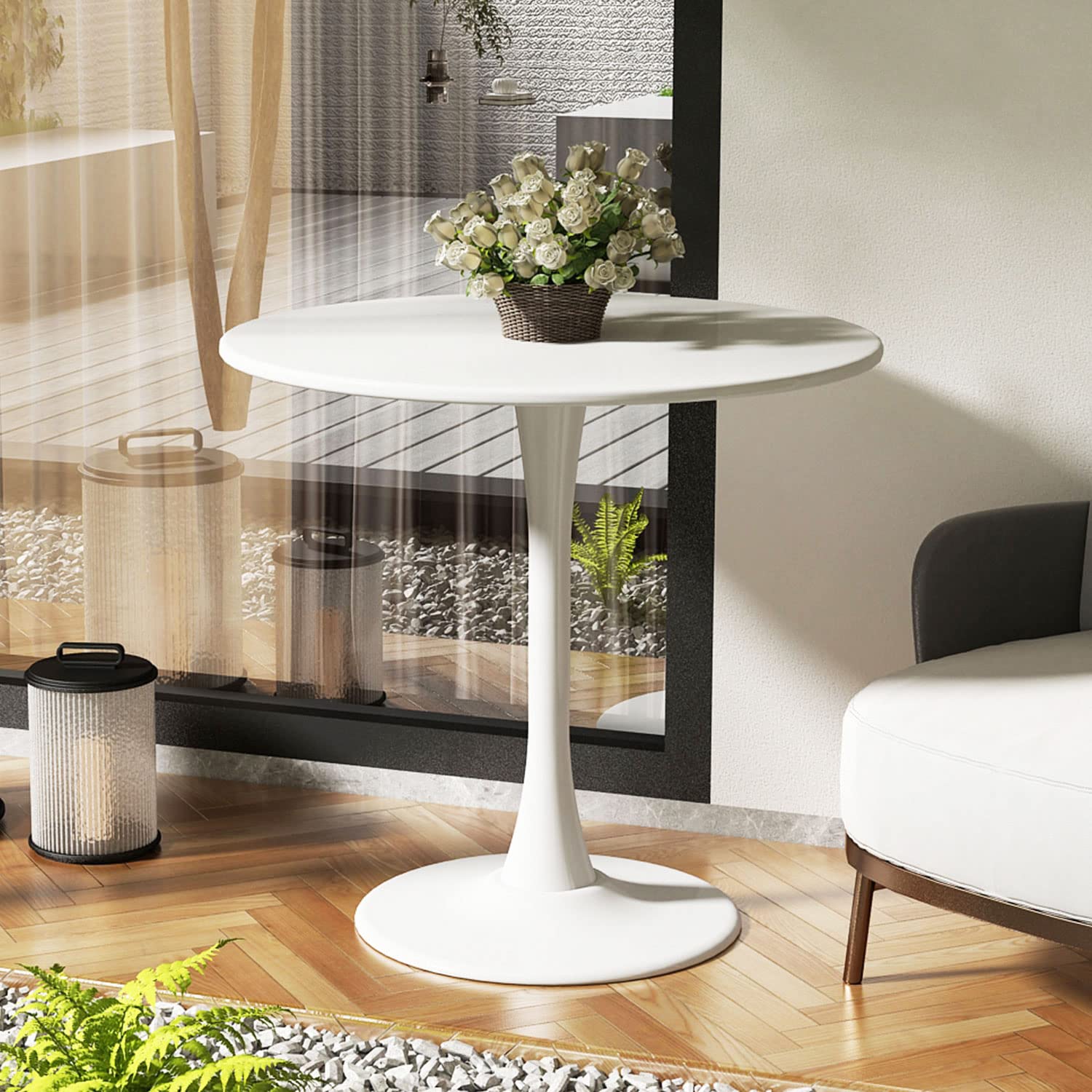 Kasinali Round Dining Table 31.5" Circle Tulip Table with Wood Thickened Tabletop & Sturdy Metal Pedestal Mid Century Modern Leisure Bistro Kitchen Tables 4 People Small Places Living Room Cafe,White