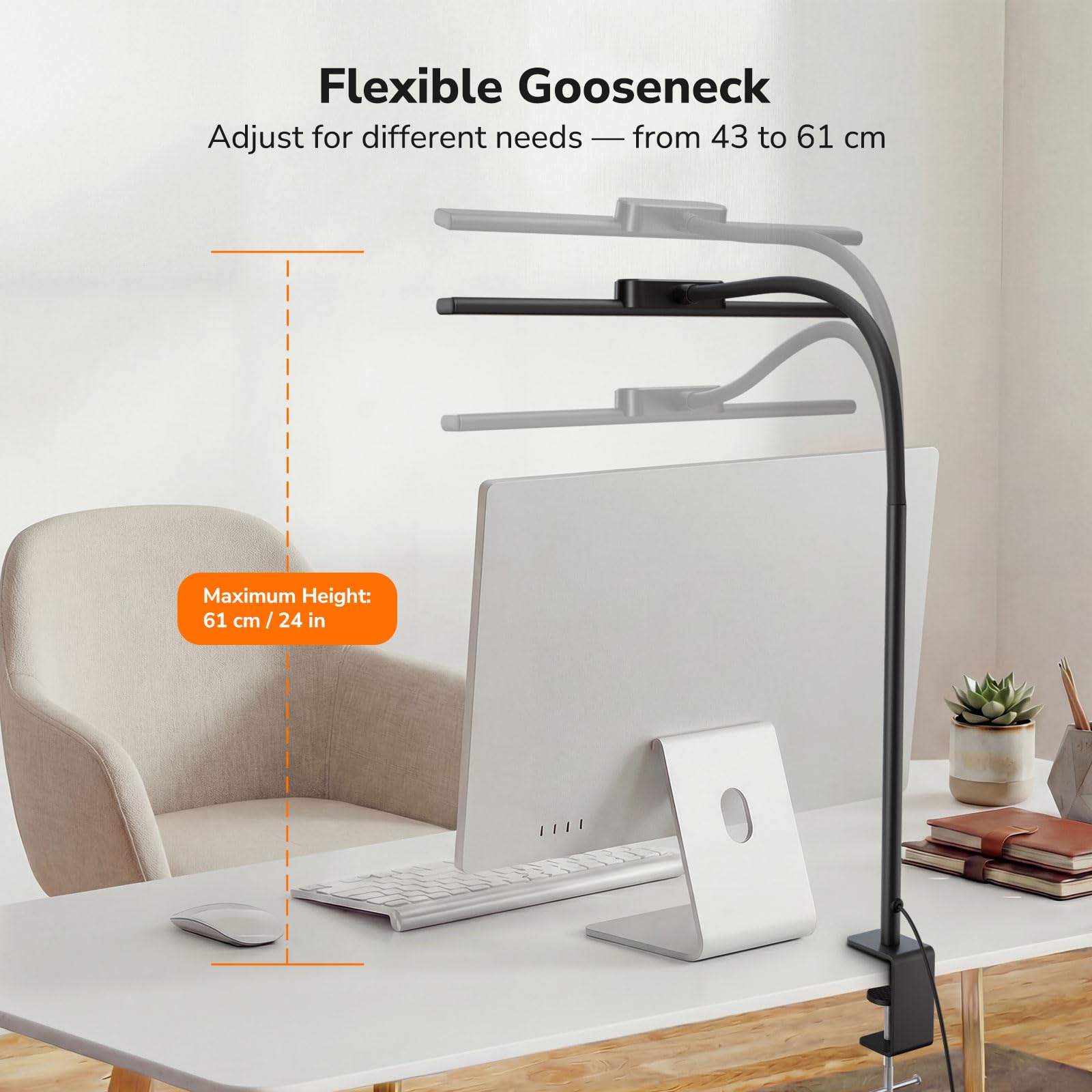 Led Desk Lamp for Office, Metal Architect Lamp with Clamp, 11W 650LM Eye-Caring Task Light, 25 Lighting Modes, Flexible Gooseneck for Monitor, Workbench, Drafting, Crafts, Reading, Black