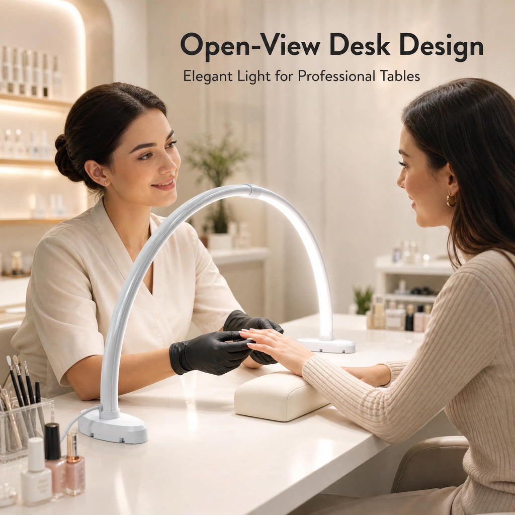 Half Moon Nail Light, 180° No Shadow LED Nail Desk Lamp with Foldable Height Adjustable Base, Nail Tech Lamp Soft Light Eye Protection for Manicure Eyelash Tattoo Craft Workbench Lighting