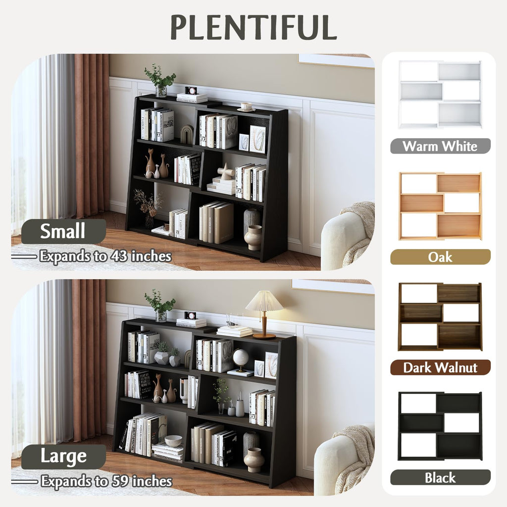 Wooden Extendable Shelf Bookcase, 3-Tier Low Bookshelf, Black, L