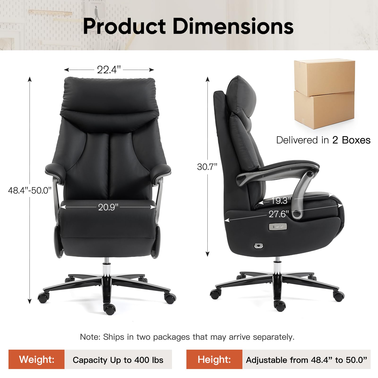 Electric Executive Office Chair with Footrest, 400LBS Big and Tall Office Chair, Comfortable Ergonomic Recliner Chair for Home Office, Studio or Gaming Room, Black