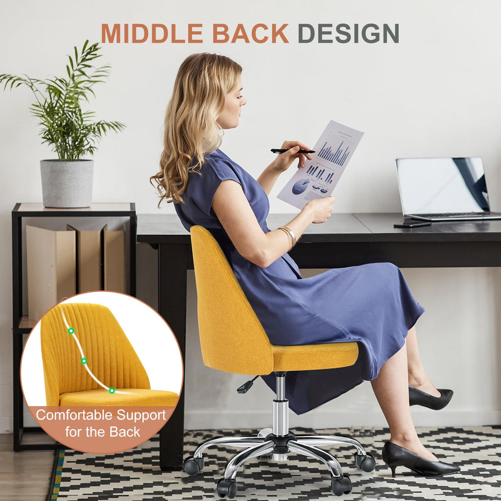 Office Chair, Comfy Desk Chair Rolling Vanity Swivel Task Chairs with Wheels, Wide Seating Armless Height Adjustable Computer Chairs for Home,Bedroom,Student,Adults, Dark Yellow