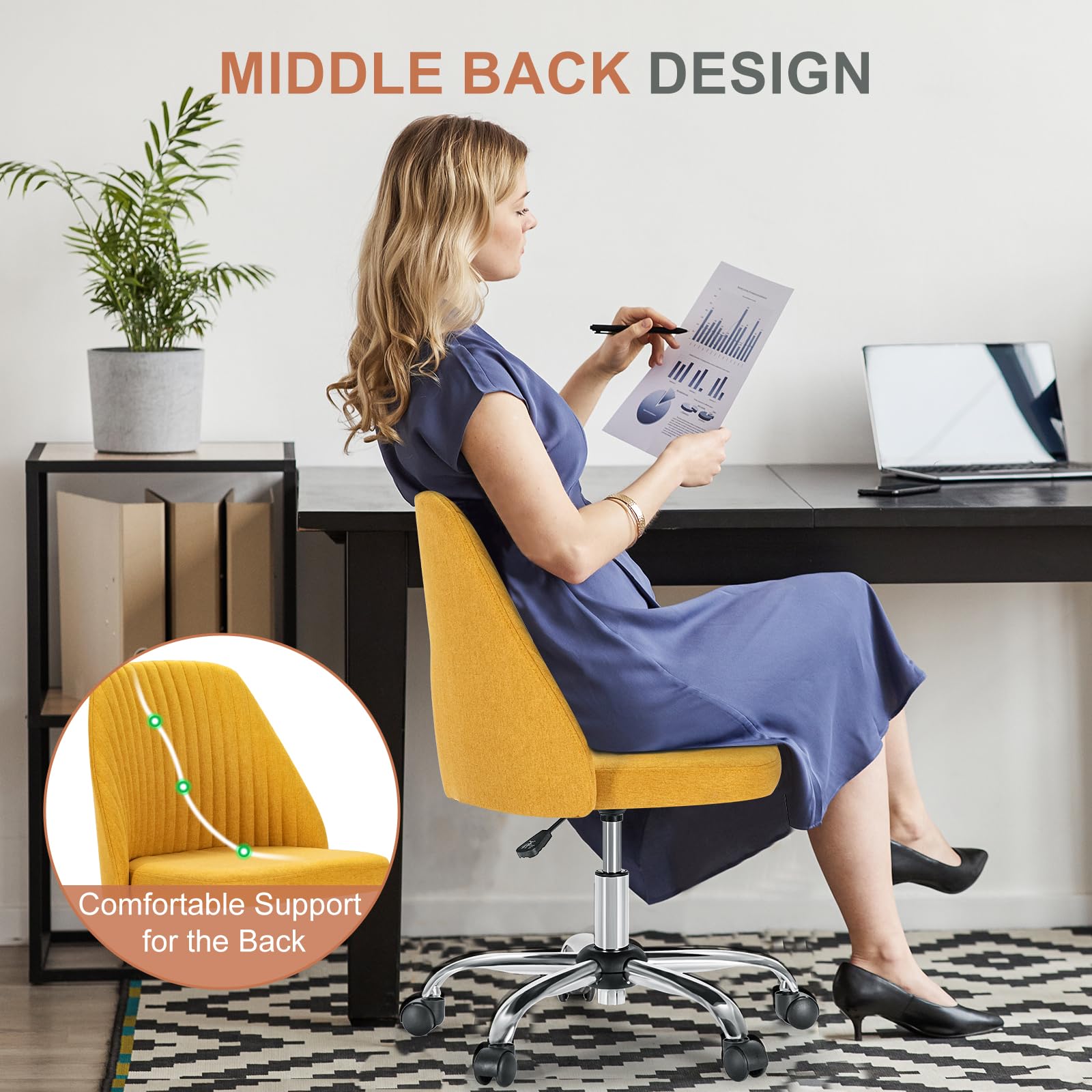 Office Chair, Comfy Desk Chair Rolling Vanity Swivel Task Chairs with Wheels, Wide Seating Armless Height Adjustable Computer Chairs for Home,Bedroom,Student,Adults, Dark Yellow