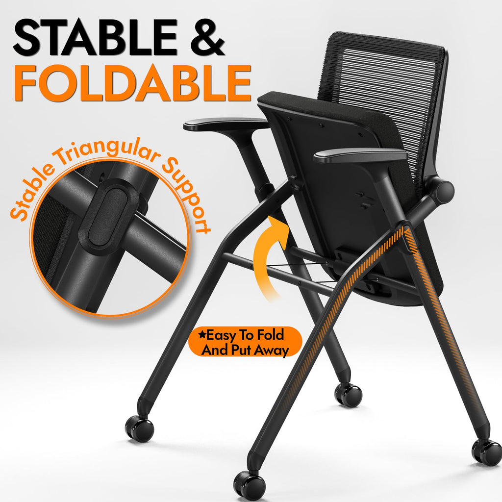 Foldable Office Chair Set of 2 with PU Wheels Ergonomic Mesh Bouncing Back, Stackable Conference Room Chair, Office Guest & Reception & Meeting Chair (Black)
