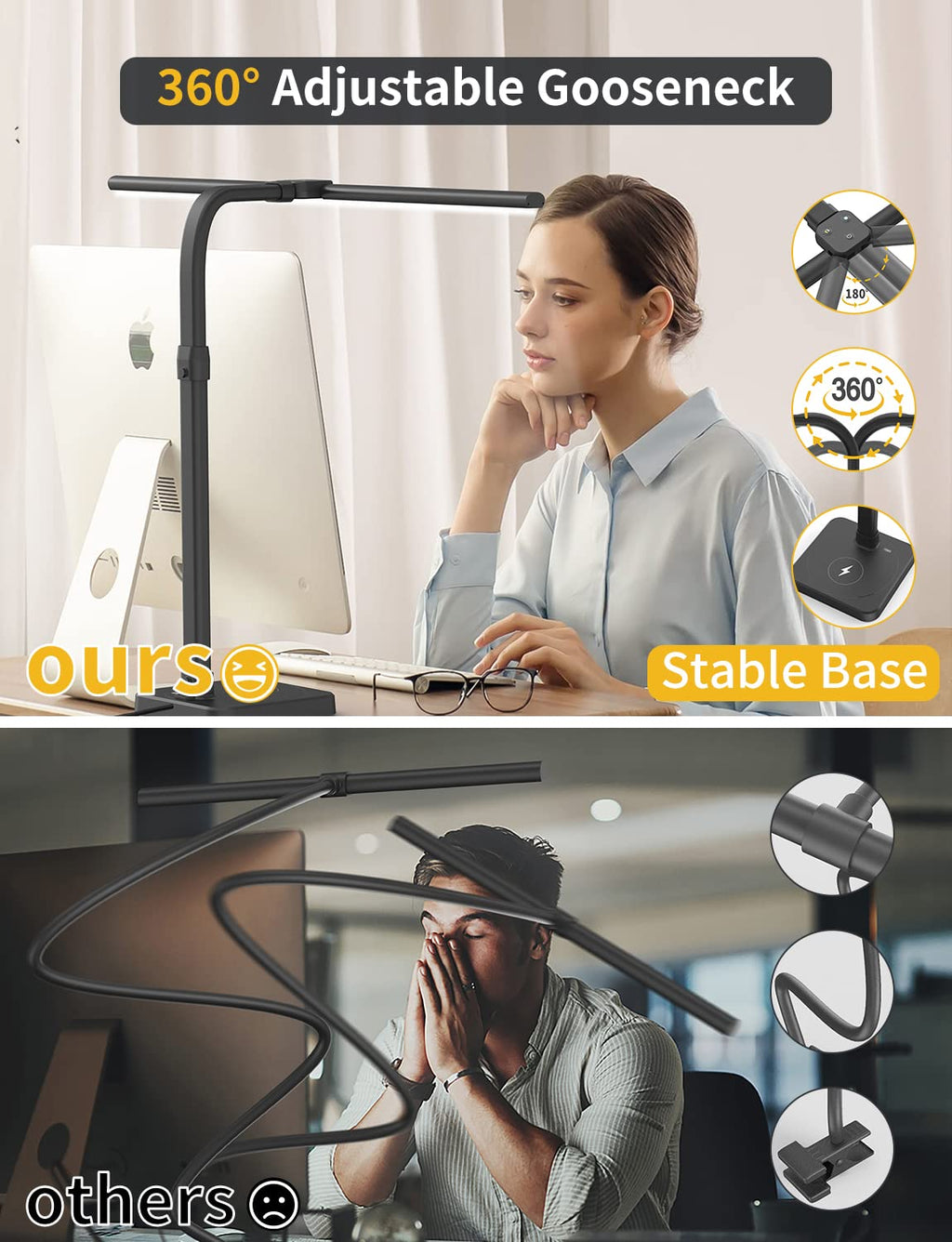 LED Desk Lamp for Office, Double Head 24W with Base, Architect Light 5 Lighting Brightness Flexible Gooseneck Table Reading Study, Black
