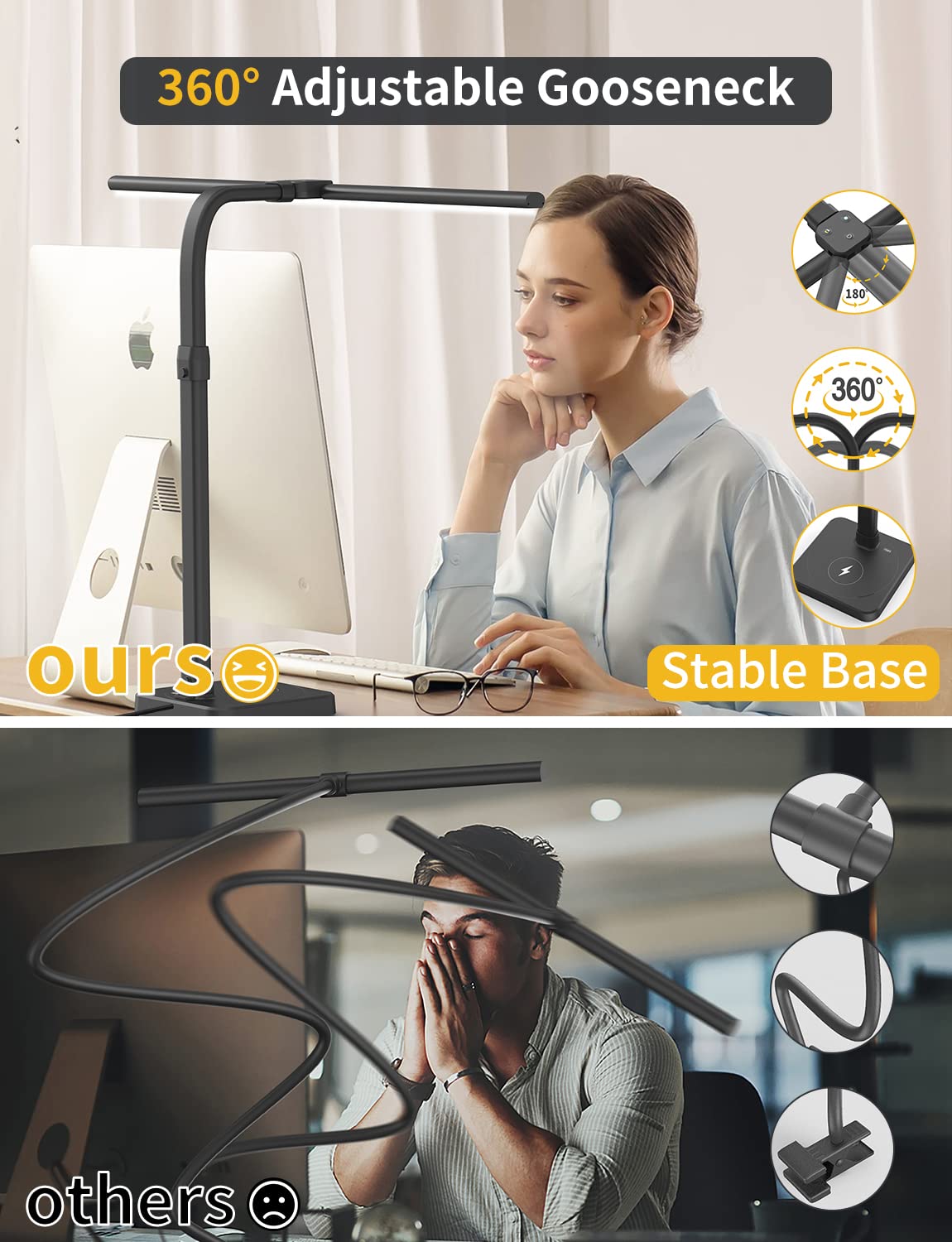 LED Desk Lamp for Office, Double Head 24W with Base, Architect Light 5 Lighting Brightness Flexible Gooseneck Table Reading Study, Black