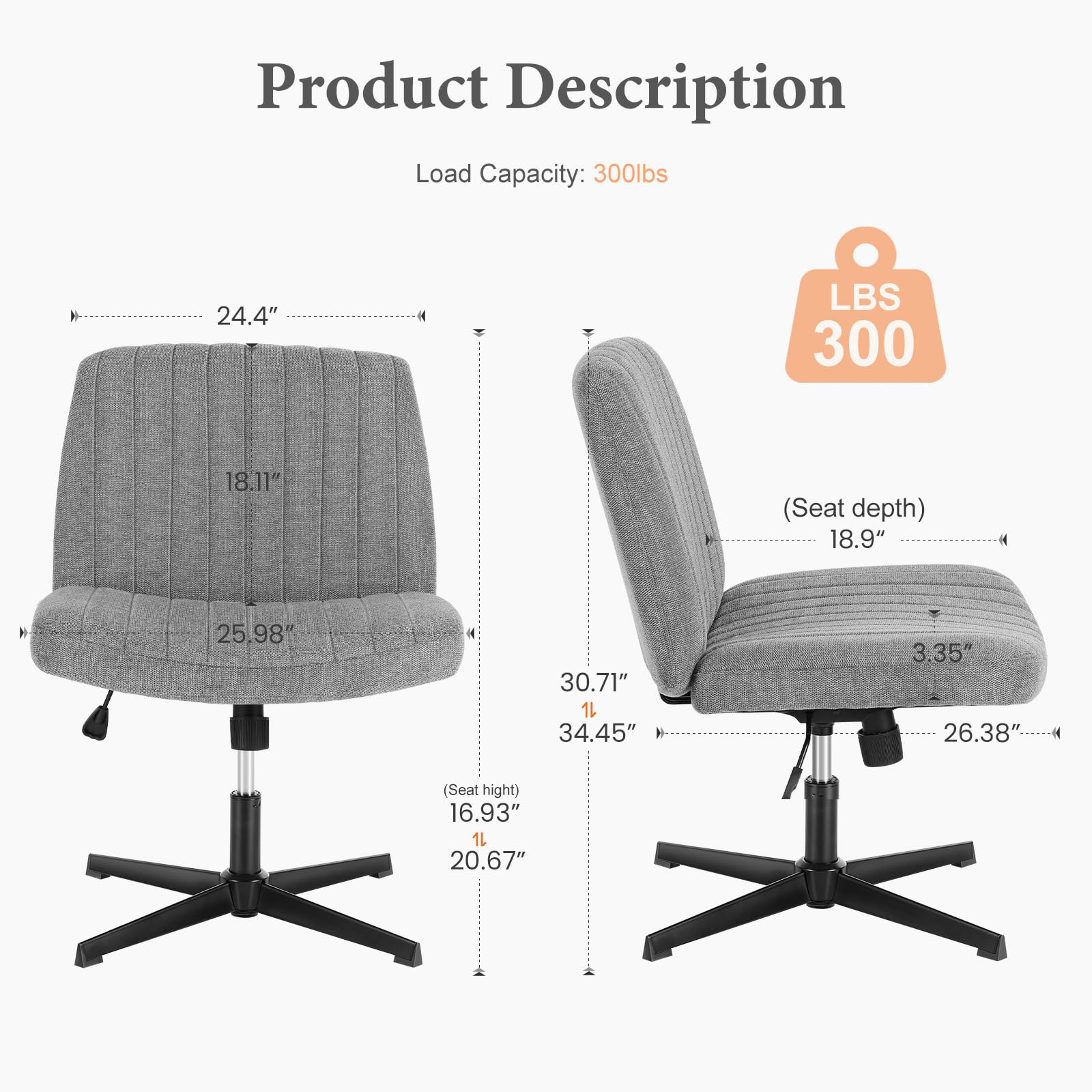 Criss Cross Legged Chairs Armless No Wheels Wide Seat Height Adjustable Swivel Padded Fabric Home Office Desk Seating for Bedroom, Student, Study Room