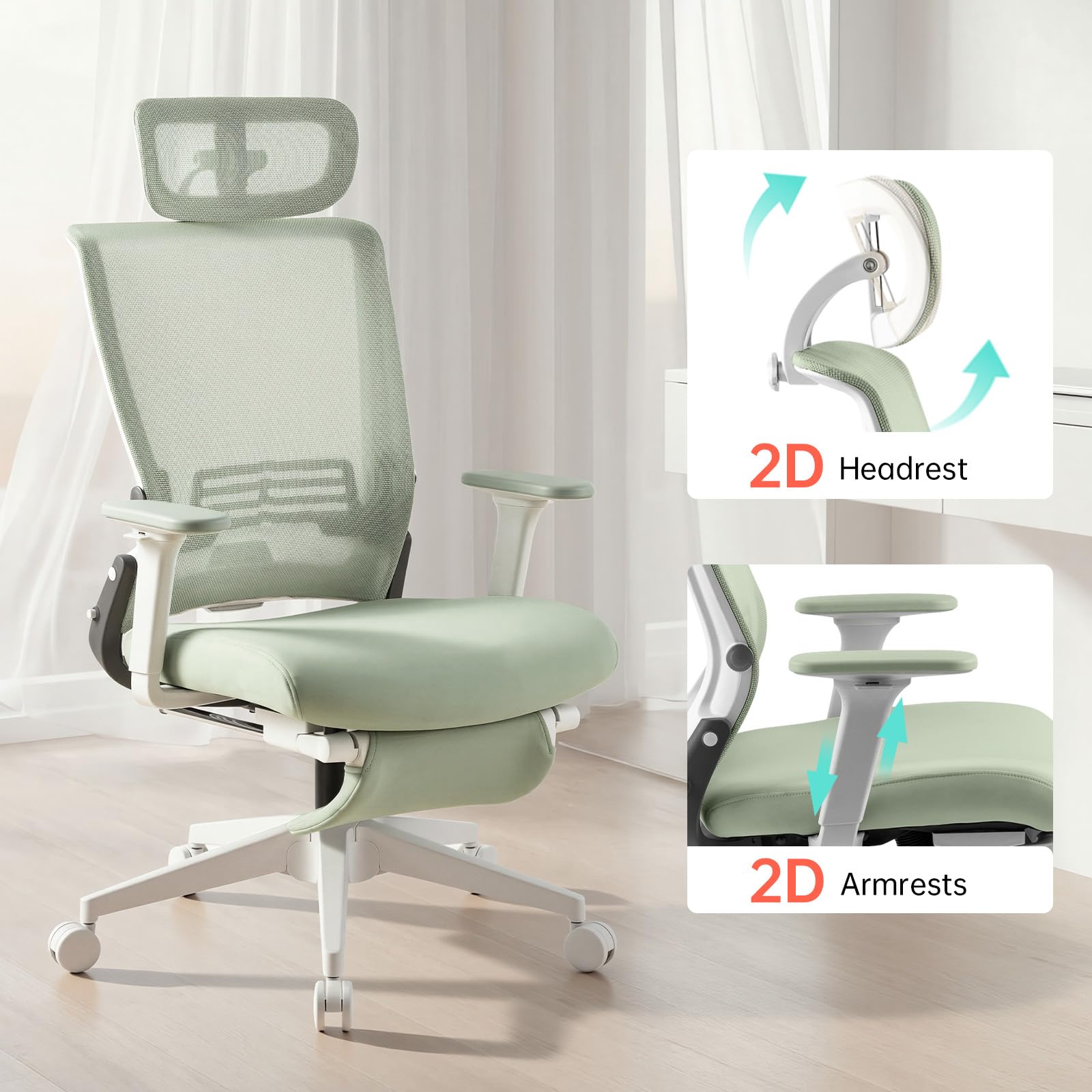Foldable Office Chair with Foot Rest, Ergonomic Office Chair with Adjustable Lumbar Support, Headrest, Armrest, Home Office Desk Chair for Space Saving, Work from Home, Green