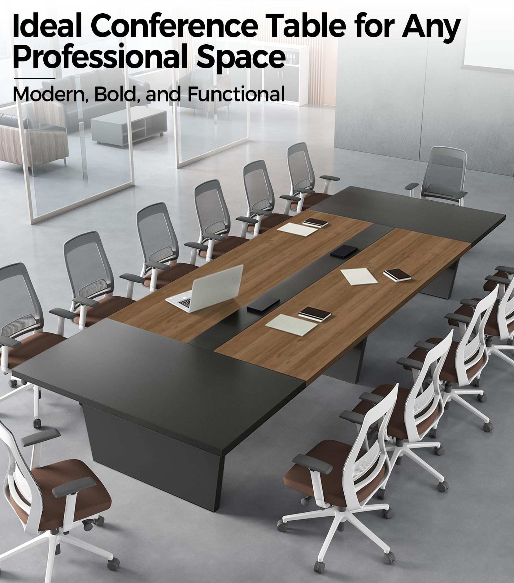 10FT Conference Table for 10 People, Large Rectangular Boardroom Meeting Table with Built-in Power Outlets & USB Ports, 2" Thick Tabletop & Heavy-Duty Base (Walnut & Gray, 118"L x 51"W x 30"H)