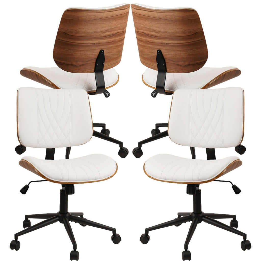 4Pack, Armless Home Office Chair, Desk Chair with Wheels, Adjustable Height Reading Chairs, Leather Mid Back & Swivel Computer Chairs, Modern Walnut with Back for Study Meeting Room(White)