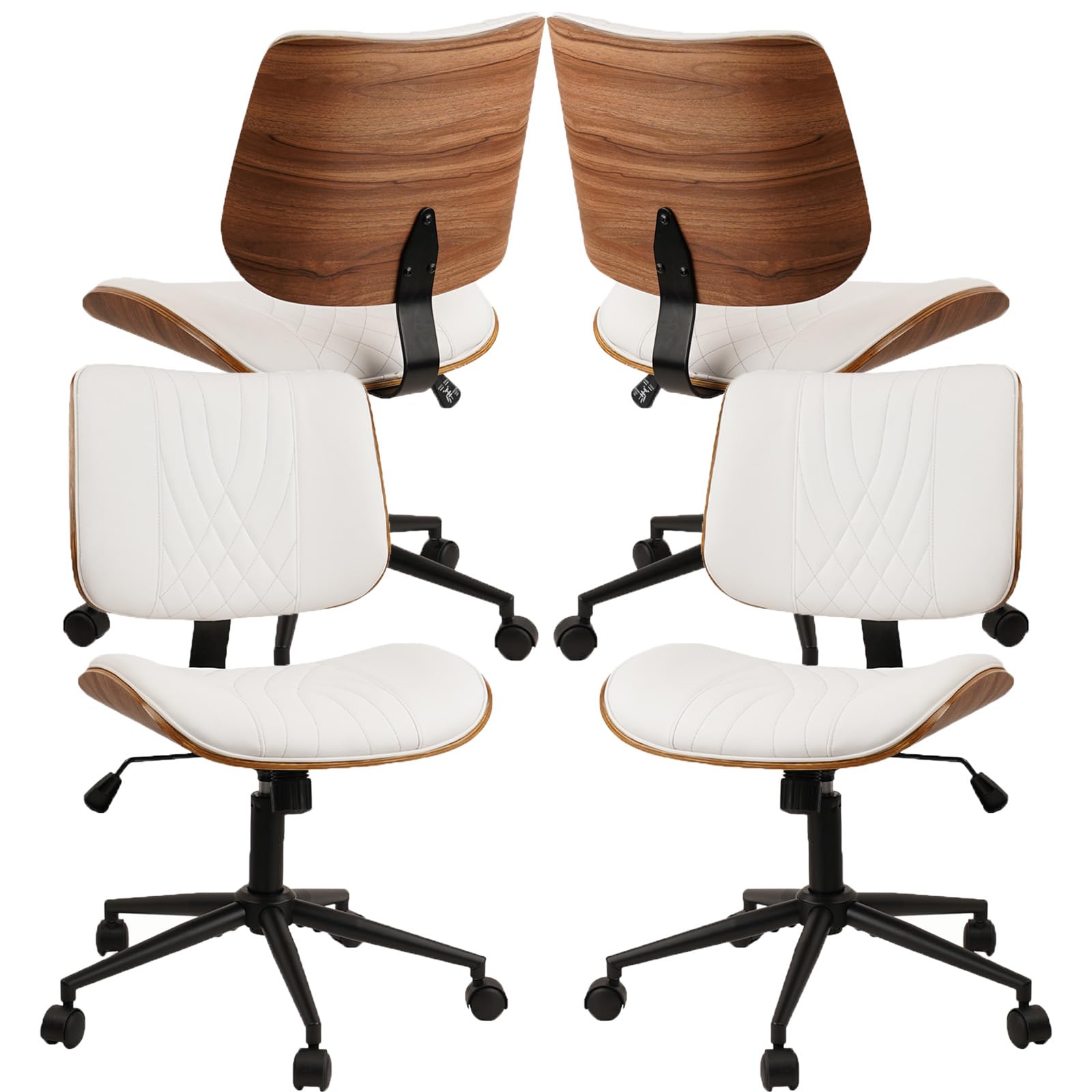 4Pack, Armless Home Office Chair, Desk Chair with Wheels, Adjustable Height Reading Chairs, Leather Mid Back & Swivel Computer Chairs, Modern Walnut with Back for Study Meeting Room(White)