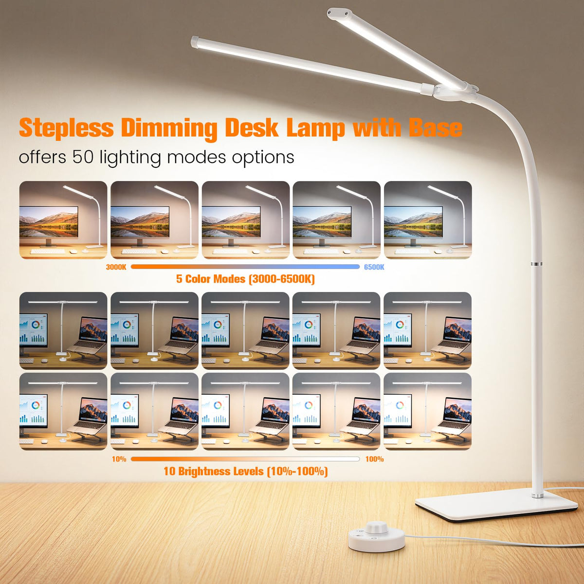 Desk Lamp for Home Office,Adjustable Double Head Desk Light with Base White