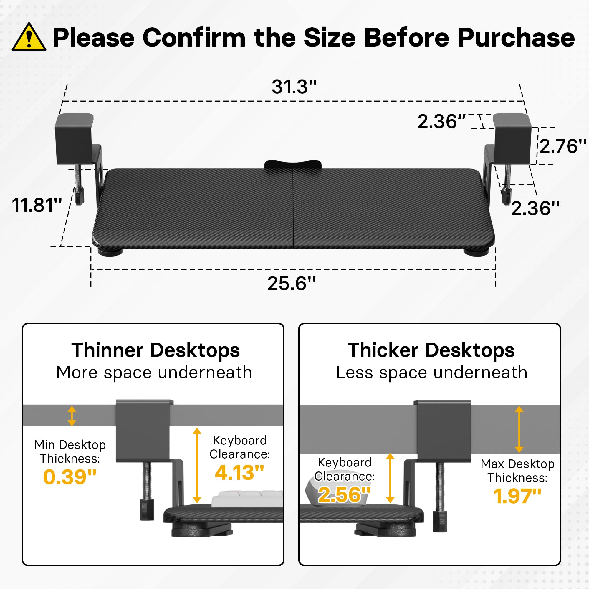 Under Desk Keyboard Tray, Pull-Out Keyboard & Mouse Platform with C-Clamp, 25.6 x 11.8 in Space-Saving Ergonomic Slide-Out Drawer, Black Carbon Fiber