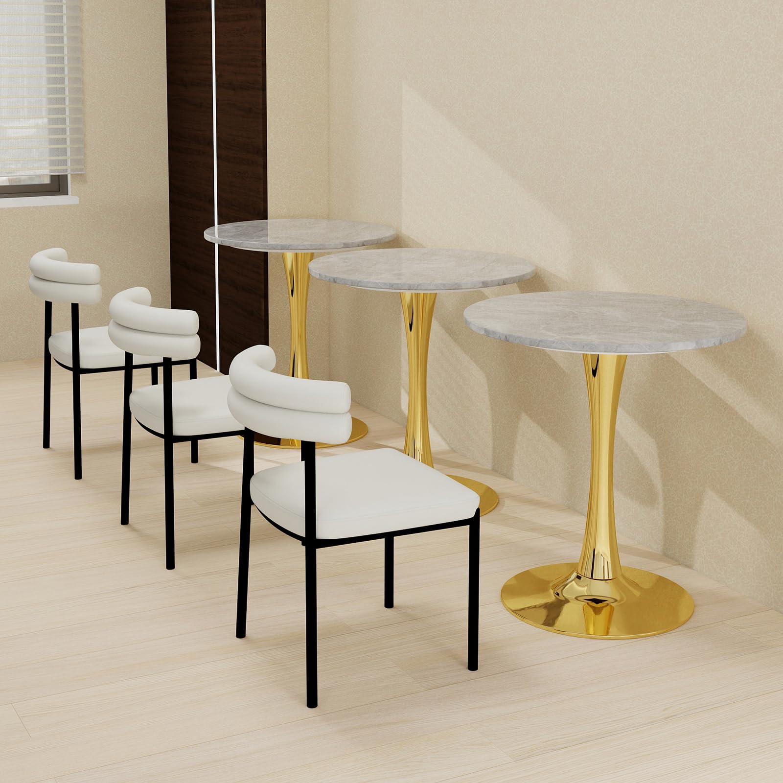 Sybrioka 27.6" Marble Round Tulip Table, Mid-Century Modern Style Dining Table with Gold Pedestal Base for 2-4 People, Featuring A Marble Tabletop for Kitchen, Dining Room, Cafe (Light Grey)
