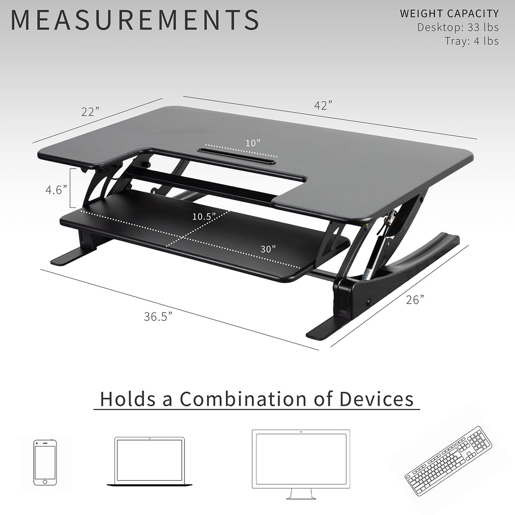 42 inch Height Adjustable Stand Up Desk Converter, V Series, Quick Sit to Stand Tabletop Dual Monitor Riser Workstation, Black