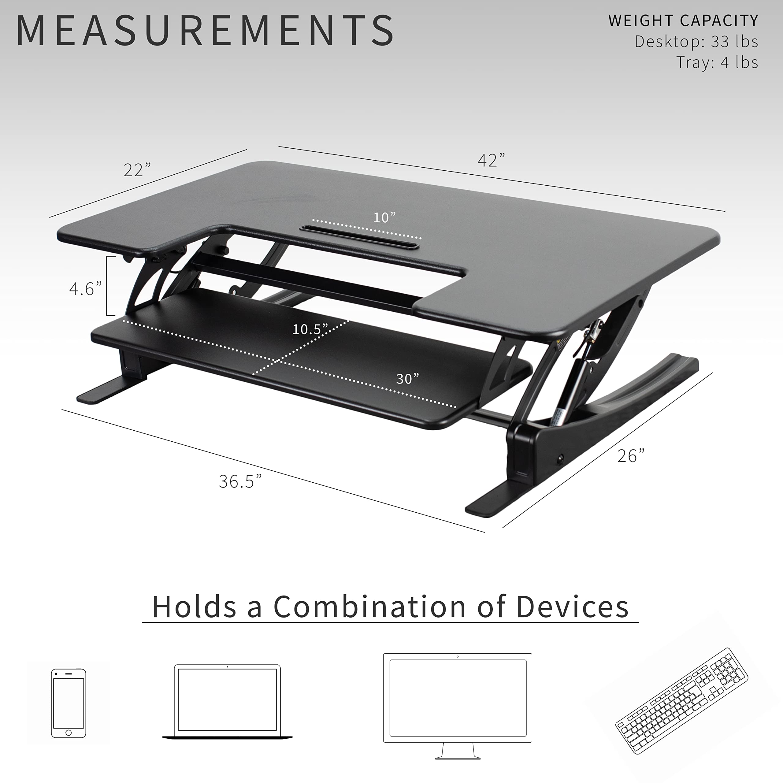 42 inch Height Adjustable Stand Up Desk Converter, V Series, Quick Sit to Stand Tabletop Dual Monitor Riser Workstation, Black