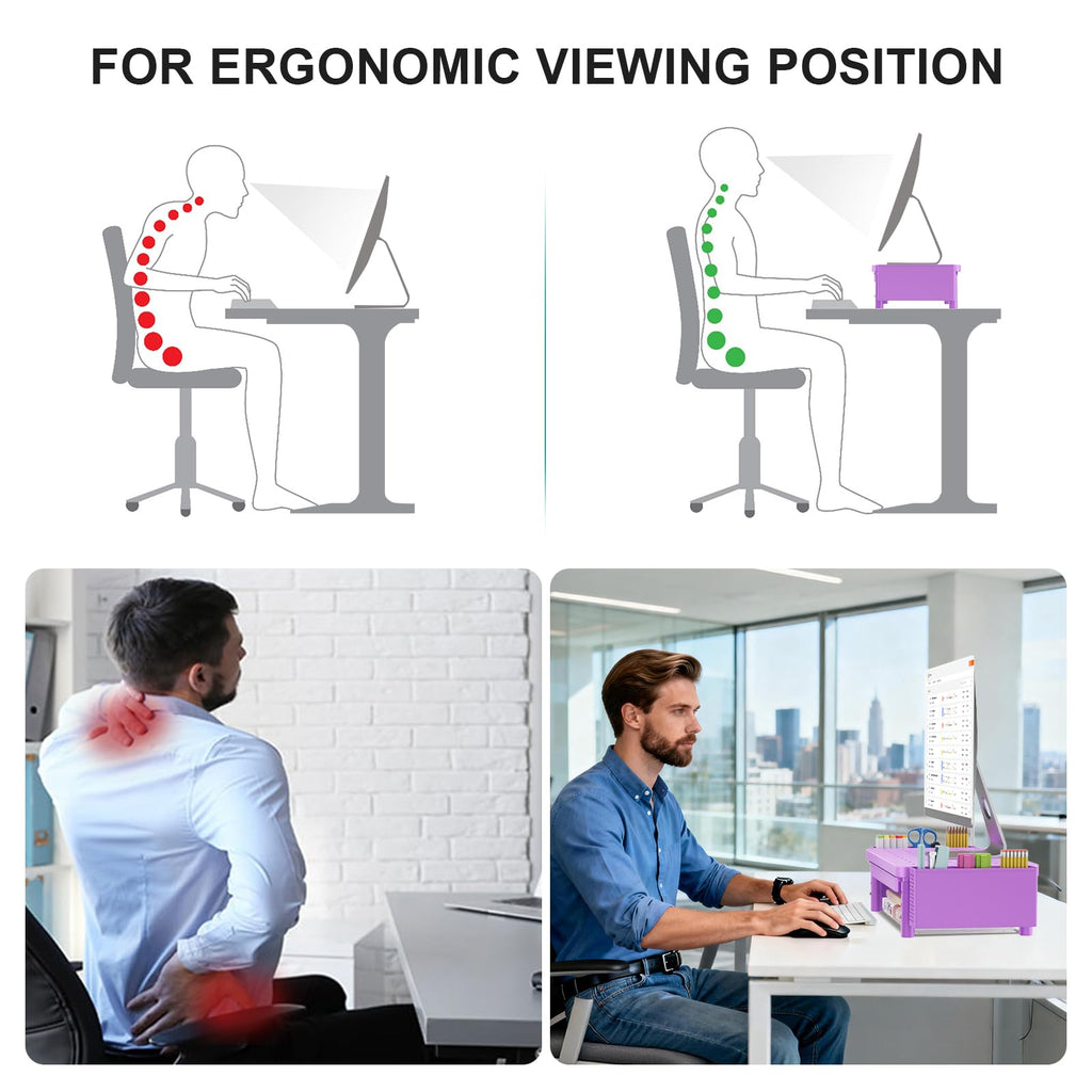 Computer Monitor Stand with Storage, Desk Organizer with Drawer and Pen Holder, Desk Monitor Riser 3 Height Adjustable, Laptop Riser for Laptop, Printer (PTT003-V), 1 Pack, Violet