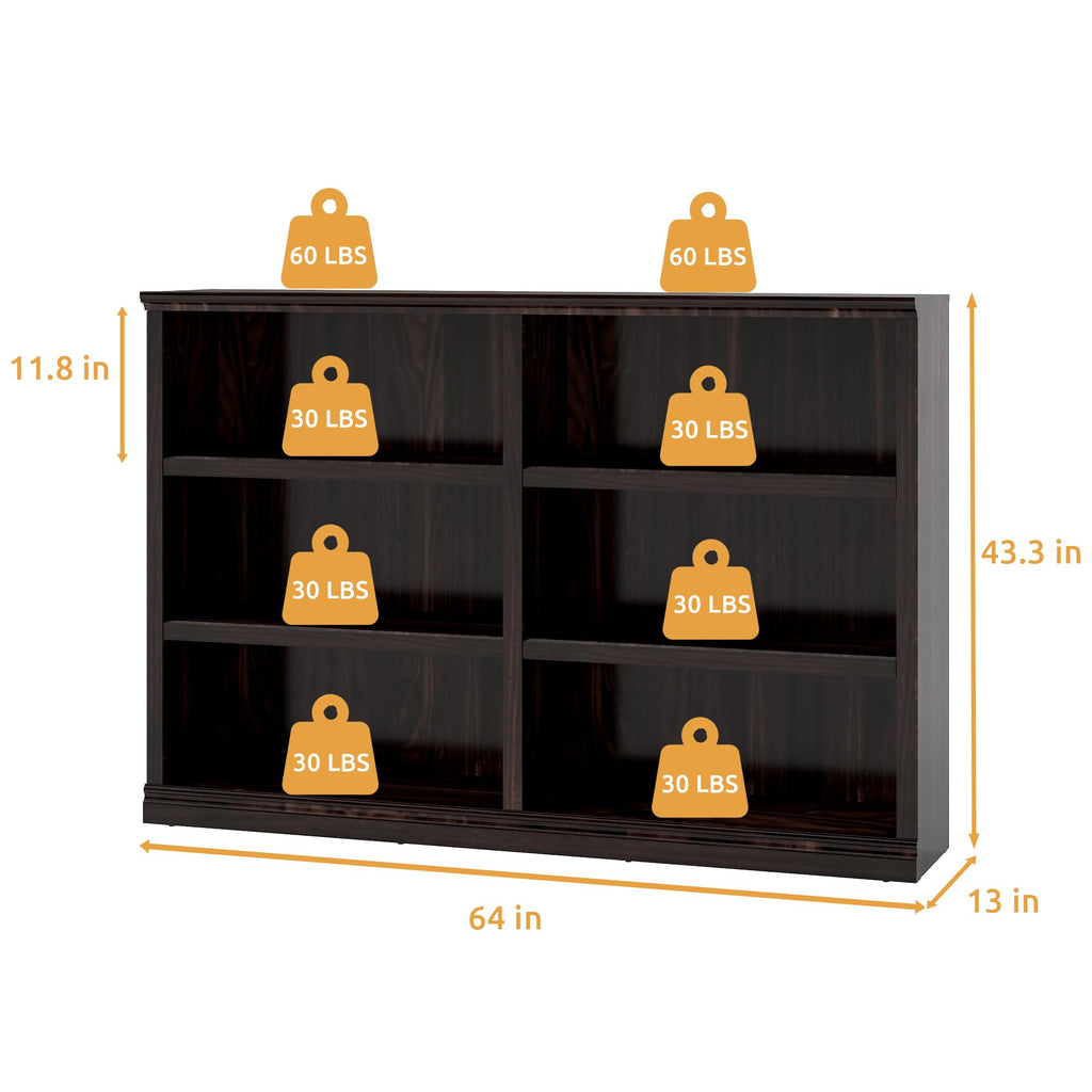64" W Double Wide Open Shelf Bookcase, 3 Tiers 6 Storage Cube Book Shelf