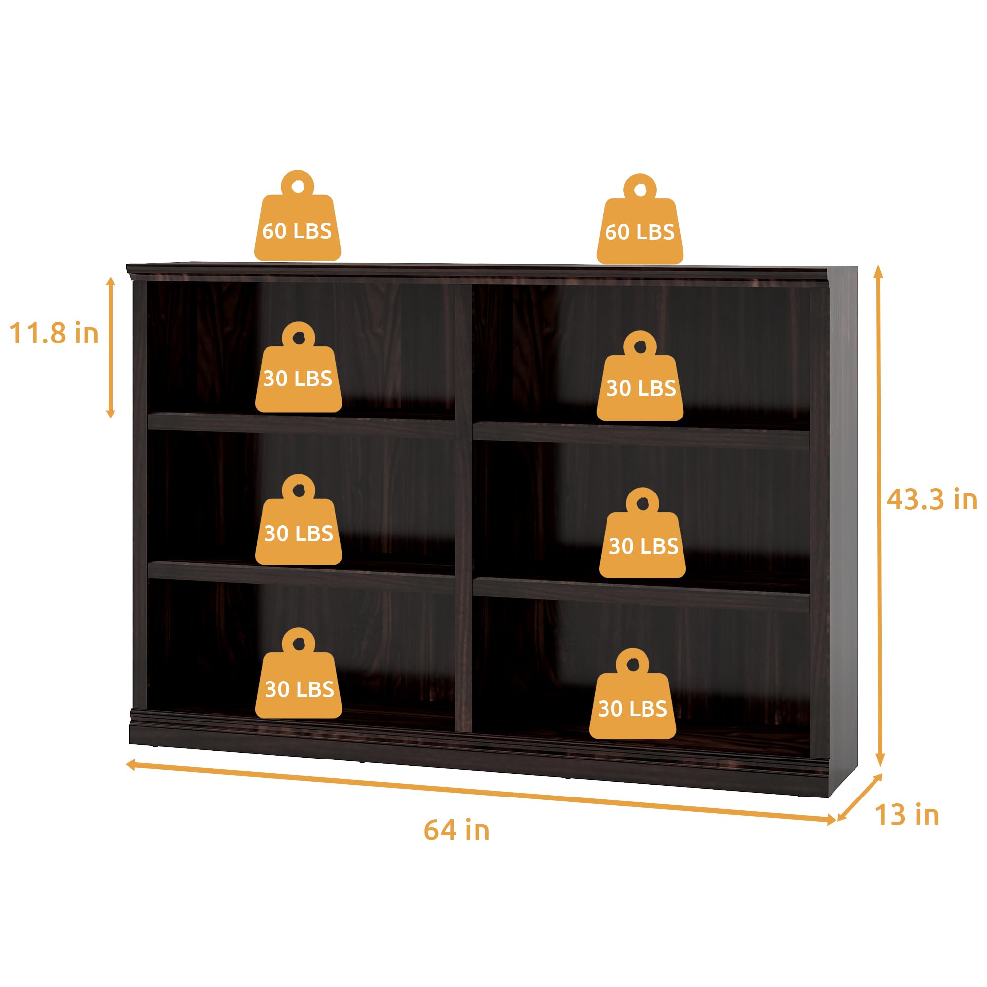 64" W Double Wide Open Shelf Bookcase, 3 Tiers 6 Storage Cube Book Shelf
