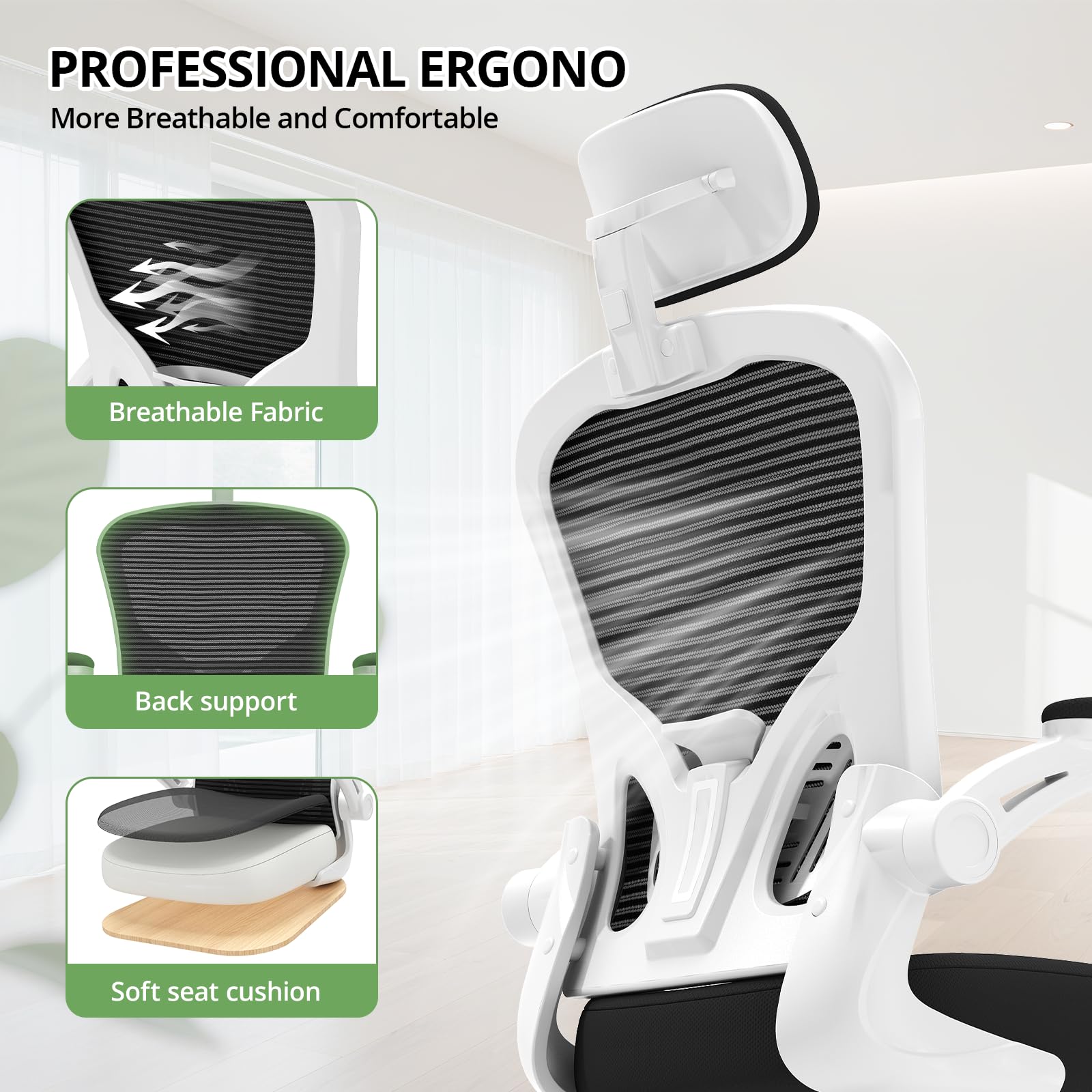 Office Chair Ergonomic Desk Chair, 330LBS Capacity, High Back Computer Design for Long Hours Comfort, Rolling Swivel Executive Task for Home Office with Flip-up Armrests(White Black)
