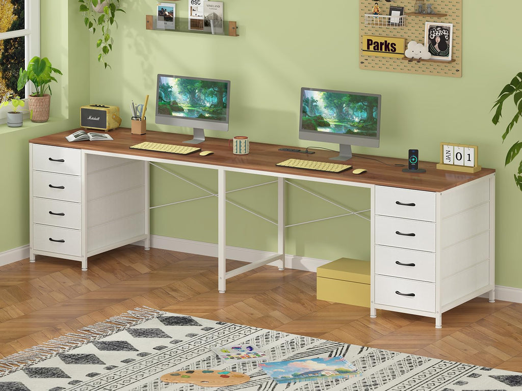 95'' Two Person Desk with 8 Drawers, Long Office Desk with Charging Station, 2 Person Desks Double Desk Writing Study Table for Home Office, Brown and White