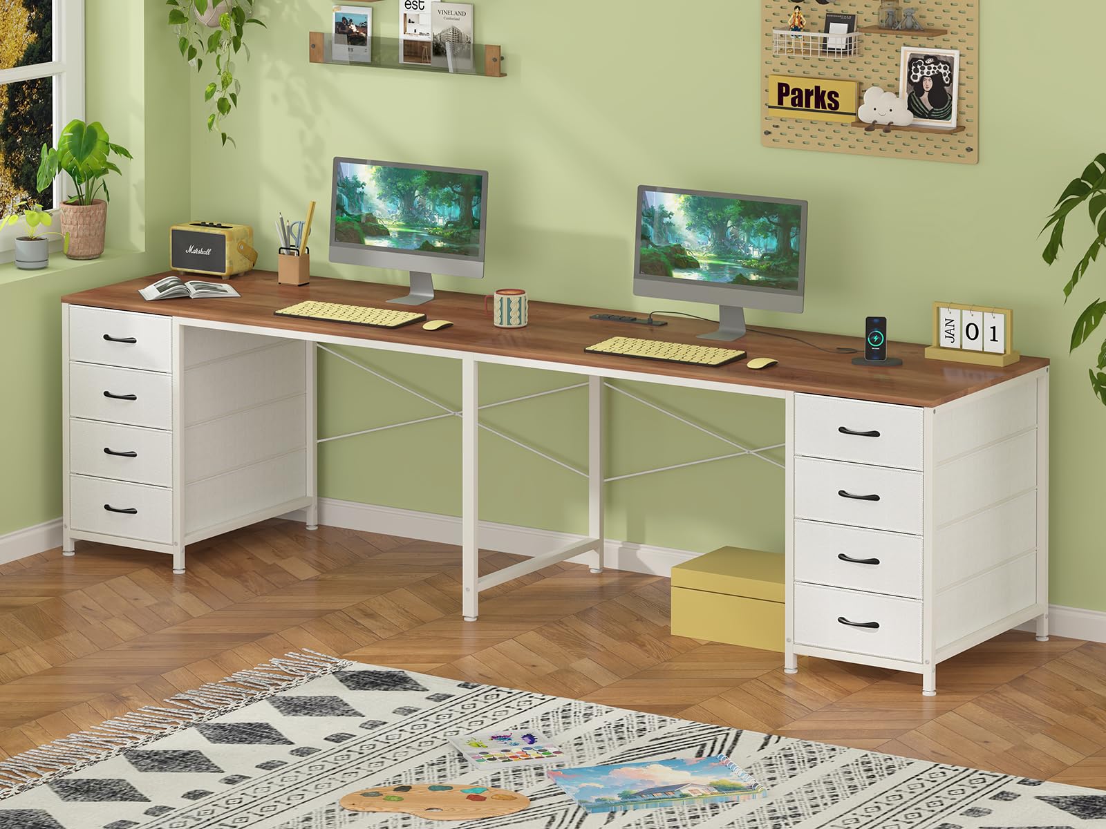 95'' Two Person Desk with 8 Drawers, Long Office Desk with Charging Station, 2 Person Desks Double Desk Writing Study Table for Home Office, Brown and White