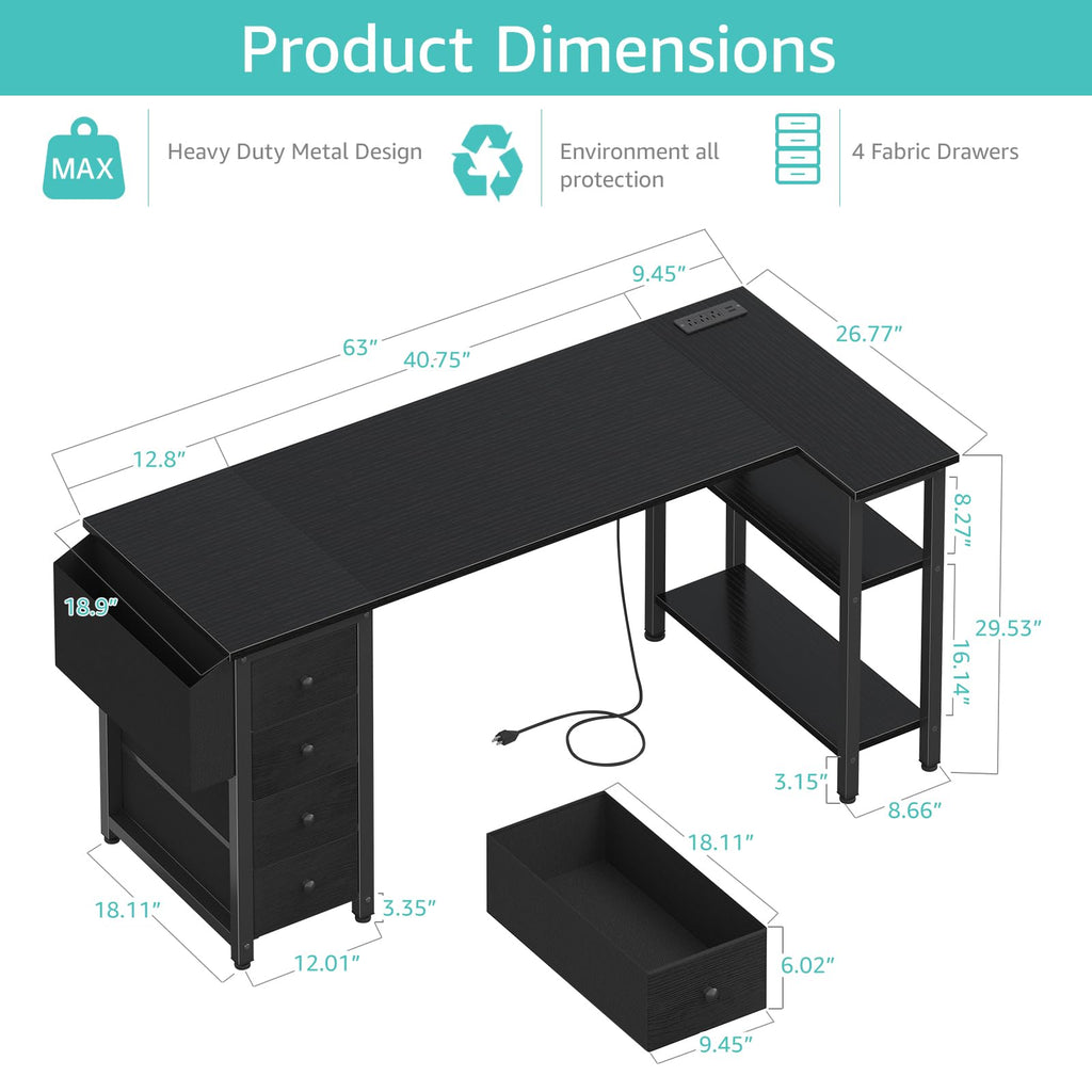 L Shaped Gaming Desk with Drawers & Storage Shelves, 63 Inch Corner Computer Desk with Power Outlet for Home Office Bedroom, L-Shaped Teen PC Desks with Fabric Drawer, Black