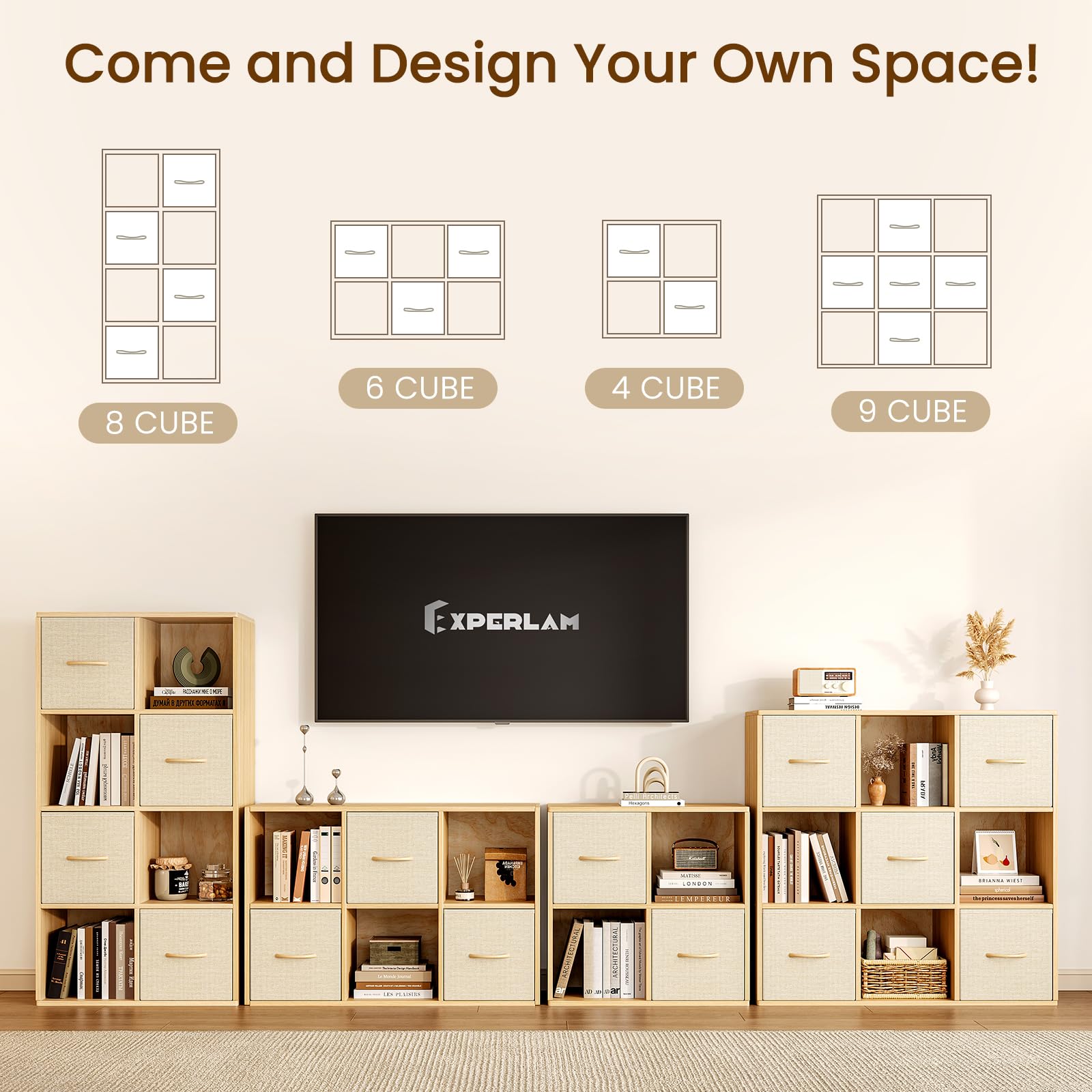 4 Cube Storage Organizer - Solid Wood Bookshelf with 2 Storage Bins, Cube Shelf with 2 Removable Back Panels, Vertical or Horizontal Bookcase, Open Book Shelf for Bedroom, Living Room, Office