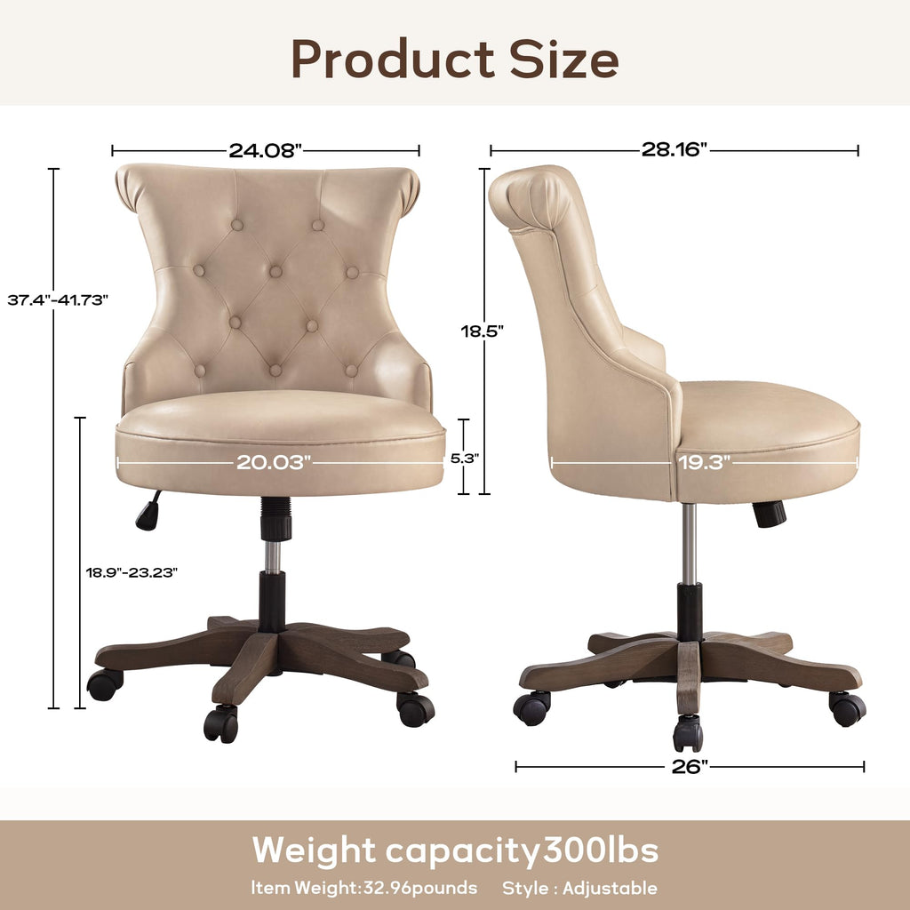 Home Office Chair Upholstered PU Leather Armless Desk Chair with Wheels Adjustable Height Computer Desk Chair with Wooden Legs Comfortable Swivel Chair for Home Office Study Studio (Light Taupe)
