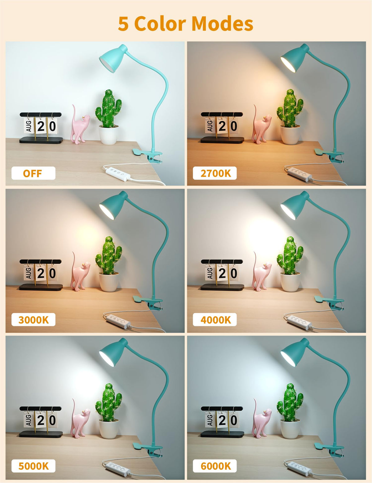 Desk Lamp with Clamp, Clip on Light, 5 Color 10 Brightness, Teal