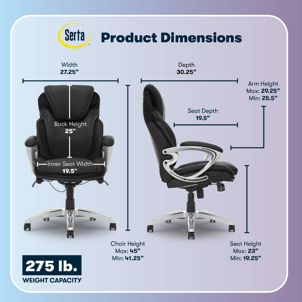 Executive Office Chair - Ergonomic Computer DeskChair with Lumbar Technology - Adjustable Height - Memory Foam Body Pillows - 360° Swivel Rolling Base - Bonded Leather - Black