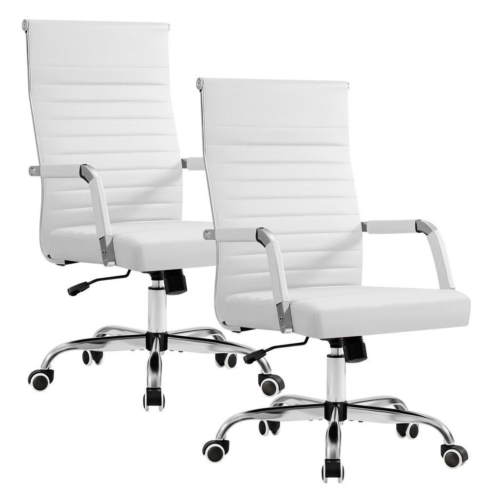 (2, White) Ergonomic Office Desk Chair, Executive Ribbed Mid-Back PU Leather Conference Room Chair Adjustable Swivel Chair with Arms