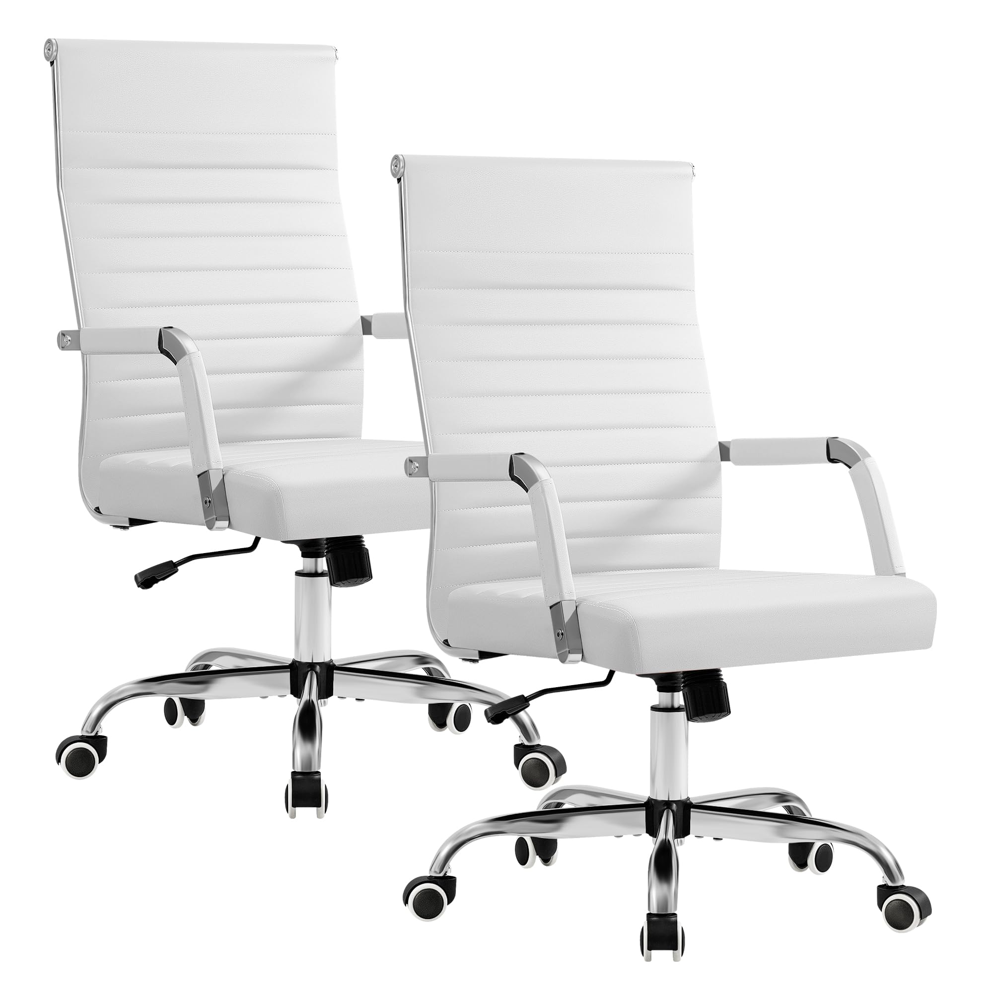 (2, White) Ergonomic Office Desk Chair, Executive Ribbed Mid-Back PU Leather Conference Room Chair Adjustable Swivel Chair with Arms