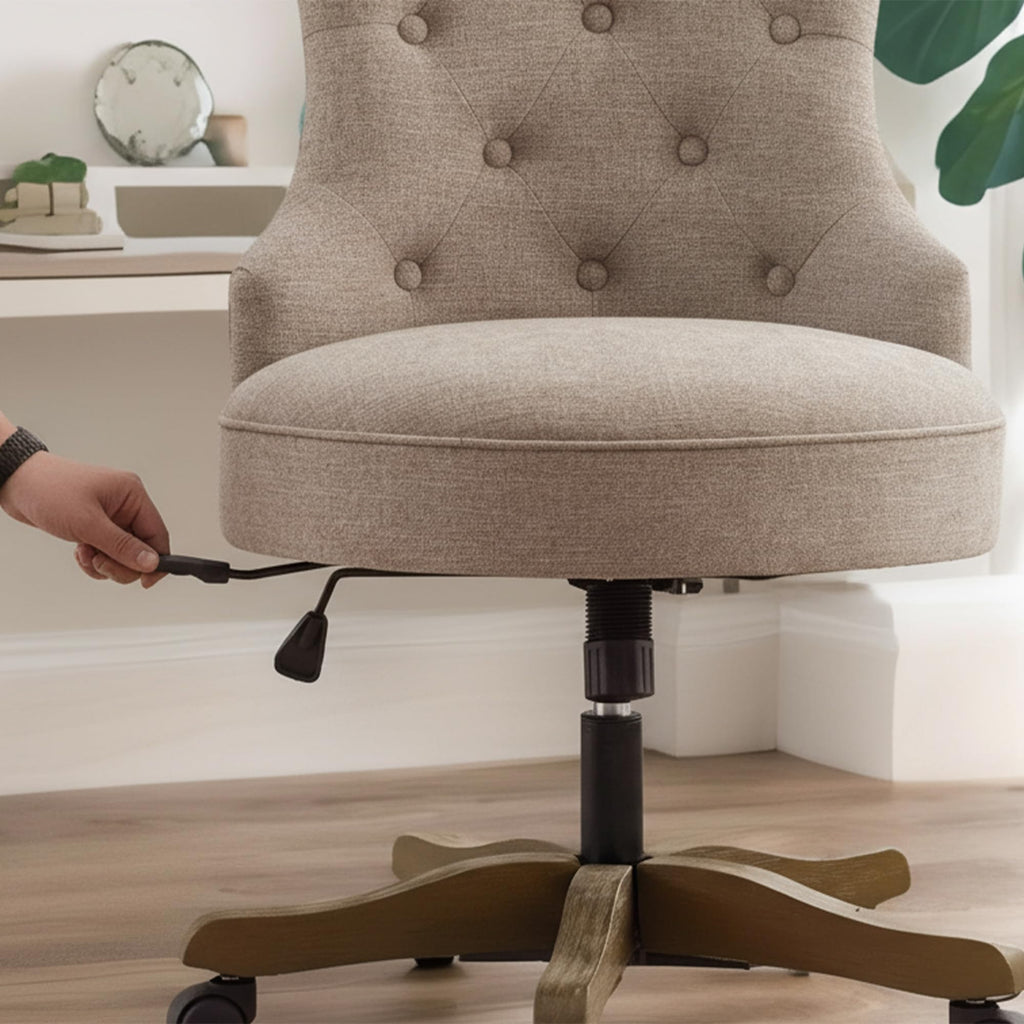 Home Office Chair Upholstered Armless Linen Fabric Desk Chair with Wheels Adjustable Height Computer Desk Chair with Wooden Legs No Arms Swivel Chairs for Farmhouse Women Study Studio (Brown)