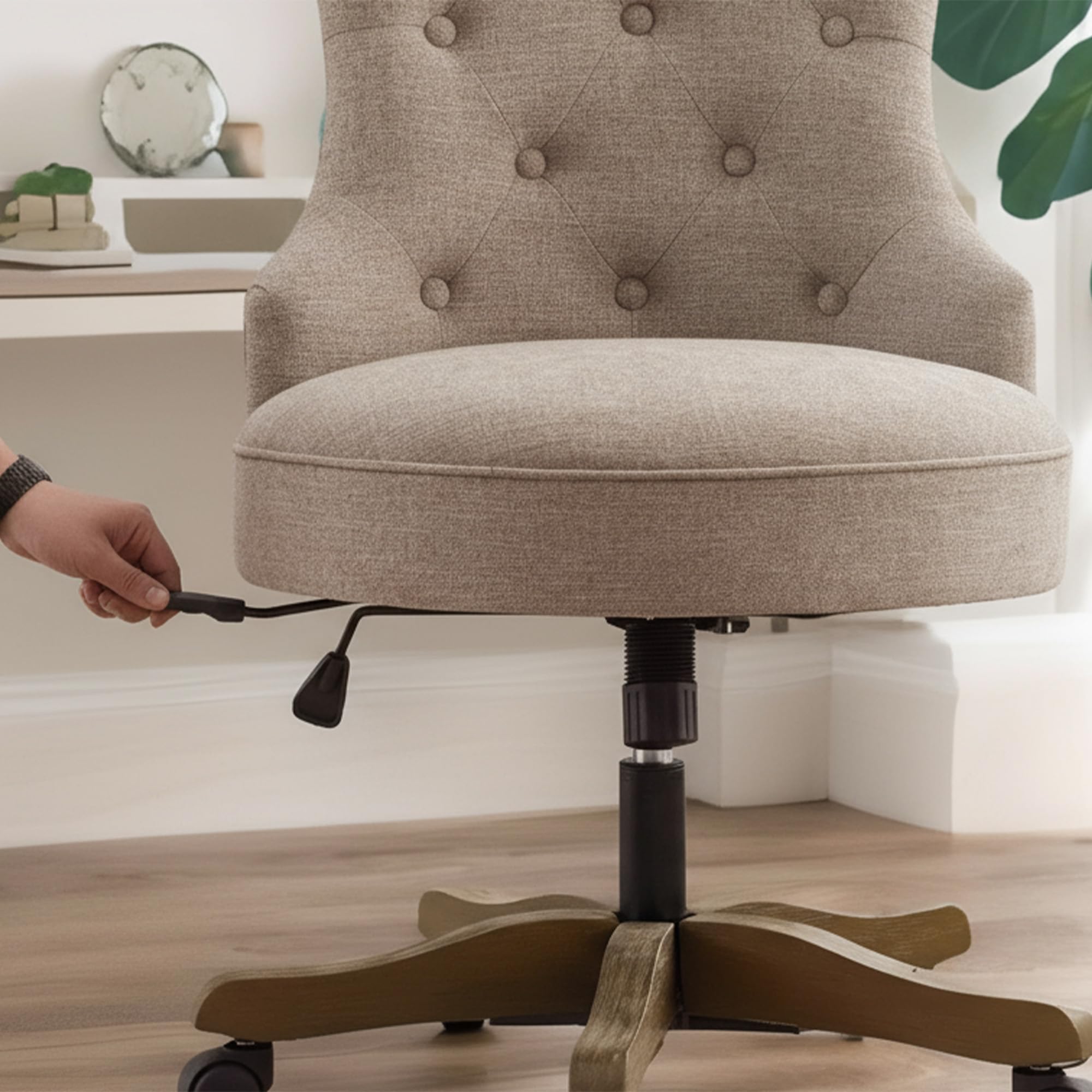 Home Office Chair Upholstered Armless Linen Fabric Desk Chair with Wheels Adjustable Height Computer Desk Chair with Wooden Legs No Arms Swivel Chairs for Farmhouse Women Study Studio (Brown)