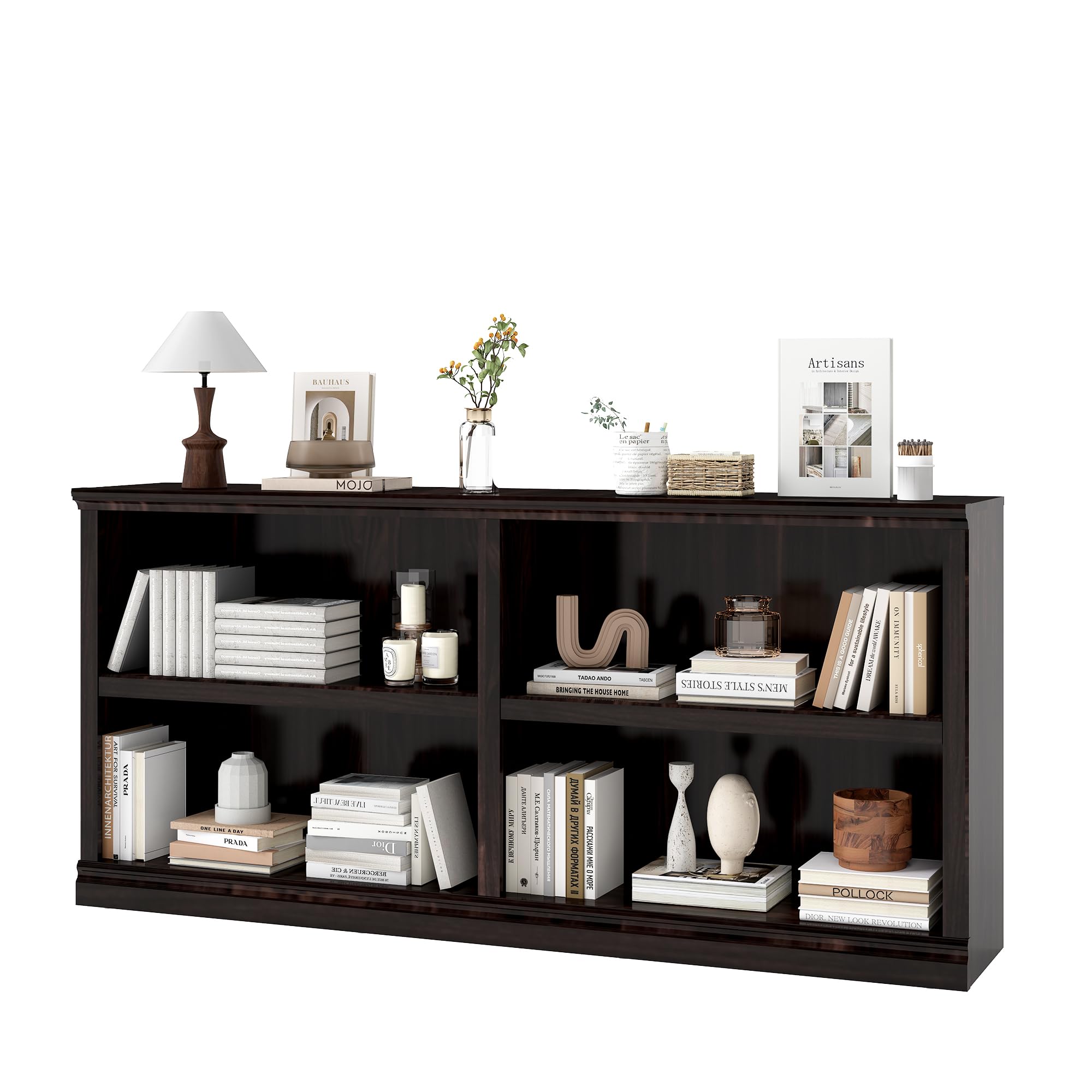64" W Double Wide Horizontal Bookshelf, 2 Tiers 4 Storage Cube Book Case