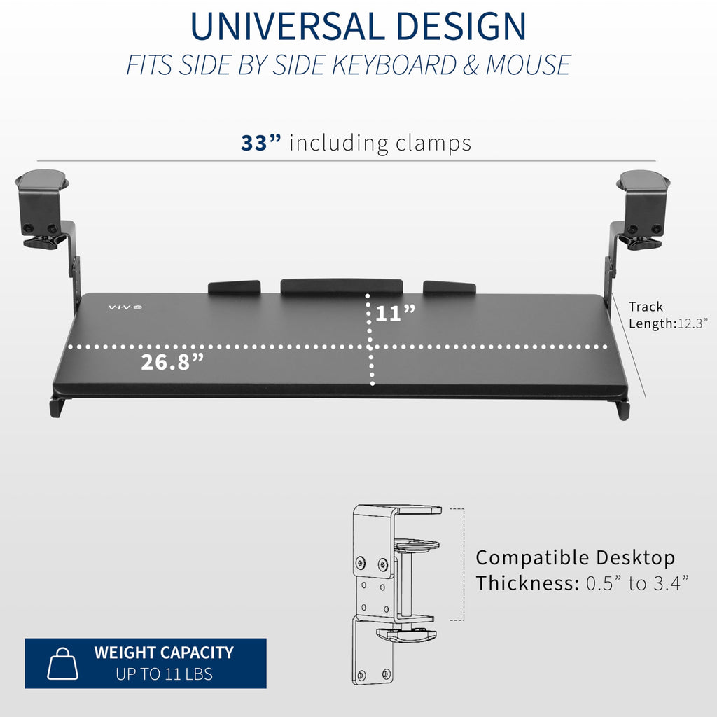 Large Height Adjustable Under Desk Keyboard Tray, C-clamp Mount System, 27(33 Including Clamps) x 11 inch Slide-Out Platform for Typing, Black