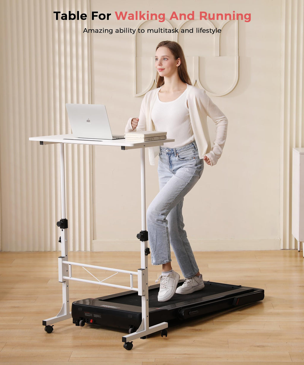 Standing Desk Adjustable Height, Mobile Stand Up Desk with Wheels Small Computer Desk Rolling Desk, Portable Laptop Desk White Standing Table Home Office Desks 16"x31.5" Height 27"-43.5"
