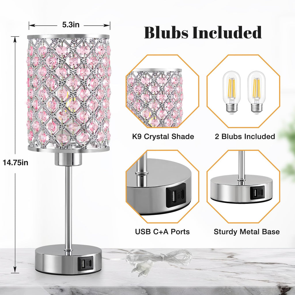 Pink Crystal Bedside Table Lamps Set of 2 with USB C+A Ports