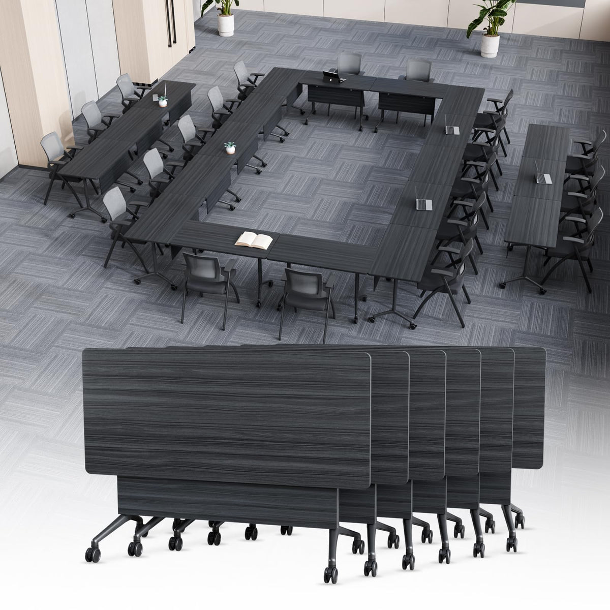 Folding Conference Table with Wheels, Flip-Top, 70.8in, 4 Pack, Ebony